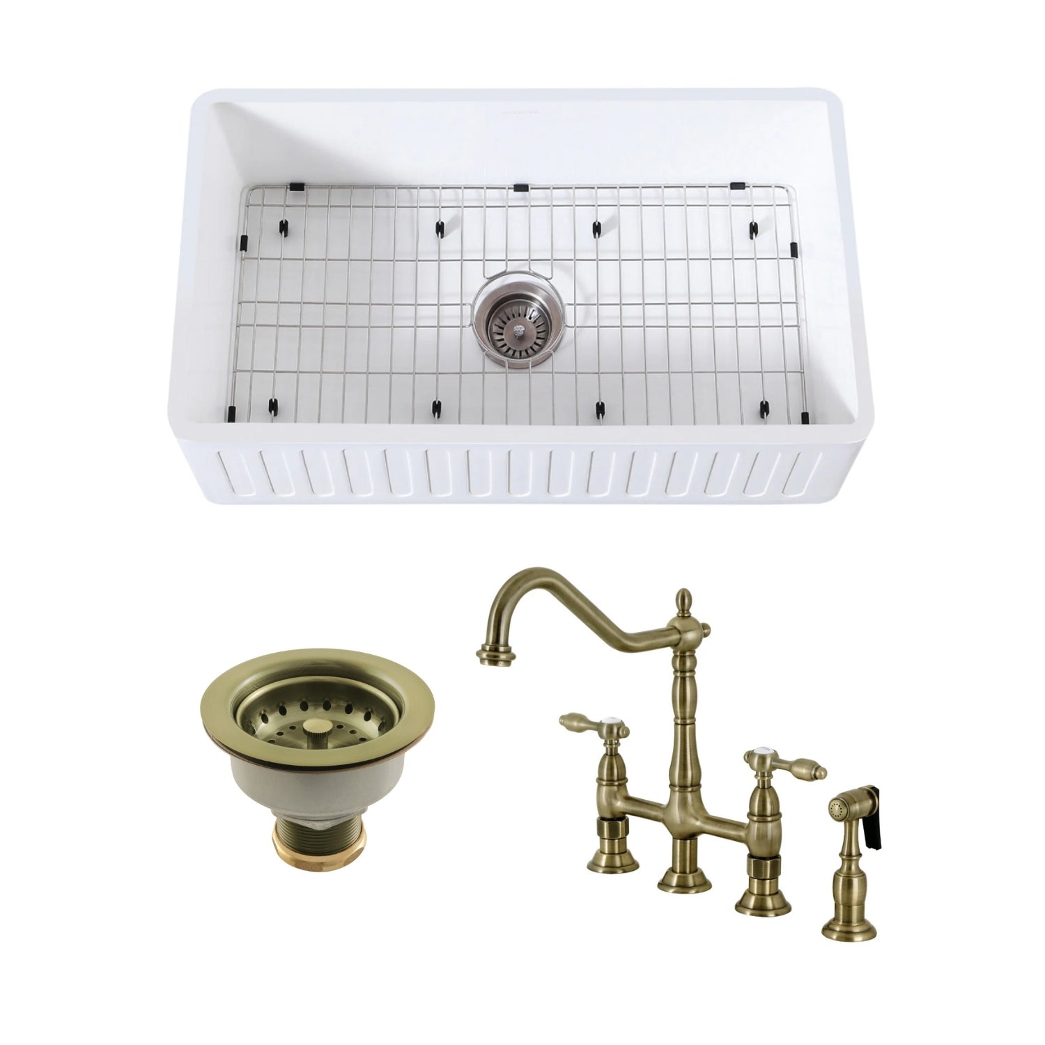 Arcticstone 30 Inch White Farmhouse Apron Kitchen Sink with Deck Mount Bridge Faucet - Brass Side Sprayer & Basket Strainer in Antique Brass Finish | Perfect for Rustic & Modern Farmhouse Kitchens