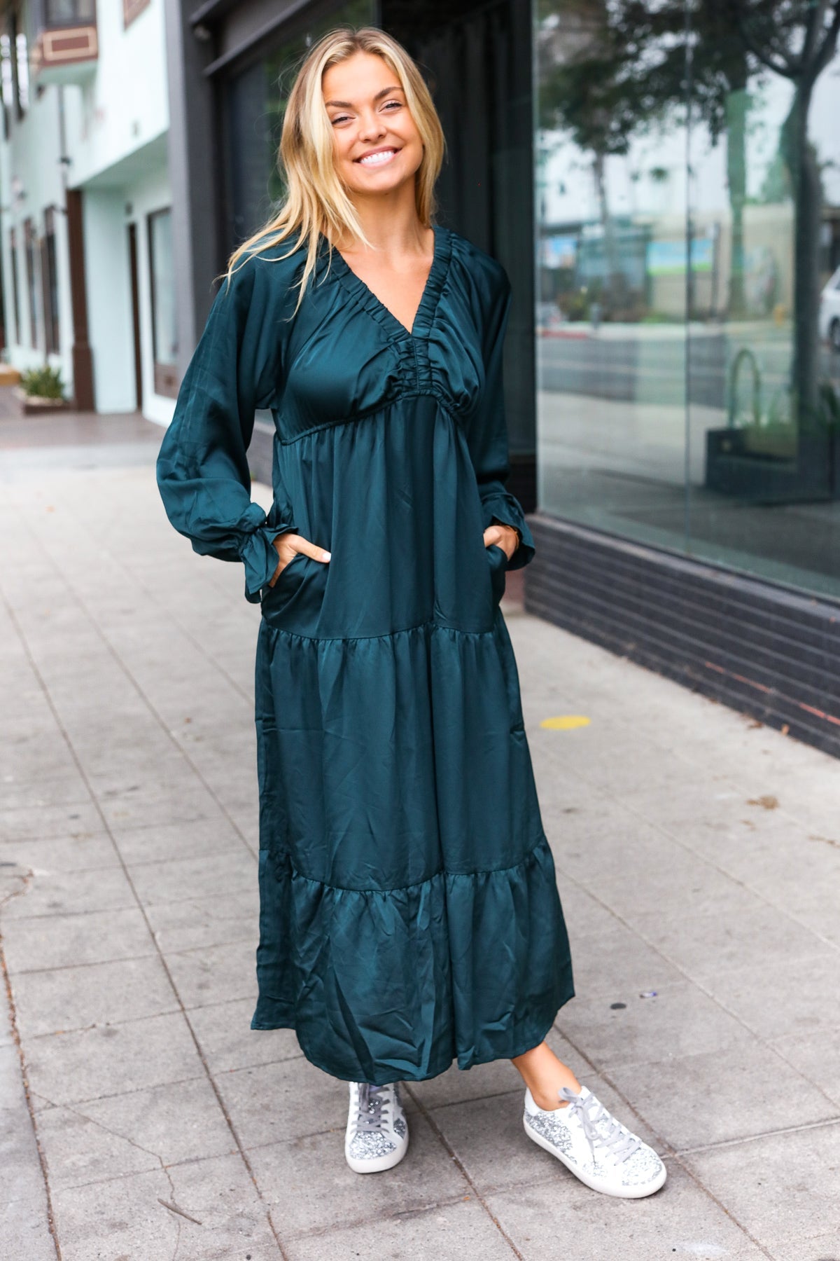 Elegant Hunter Green Elastic V-Neck Tiered Satin Maxi Dress for Women - Perfect for Weddings, Parties & Special Occasions