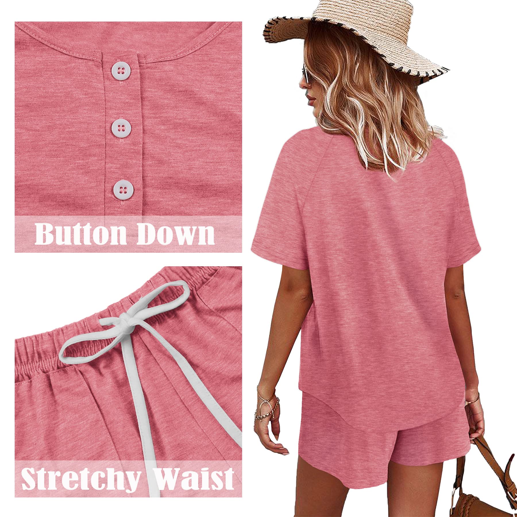 WIHOLL Women's 2-Piece Lounge Set - Button Down Top & Shorts with Pockets | Comfortable Sweatsuit for Home, Travel & Casual Wear