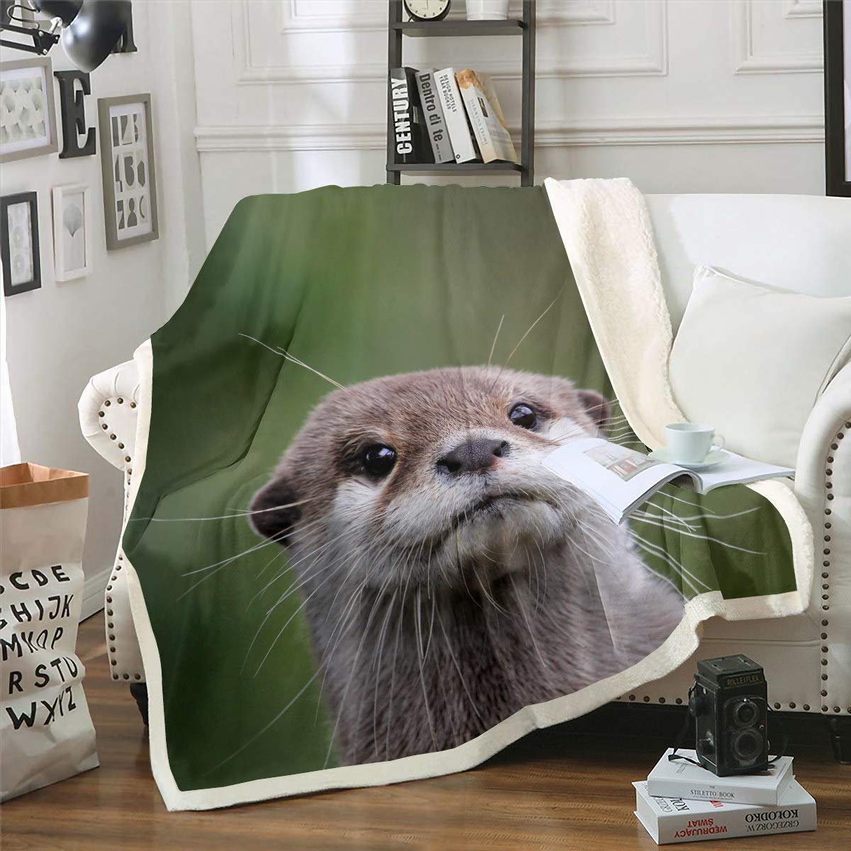 Feelyou Kids Sherpa Throw Blanket - Cute 3D Otter Fleece Blanket for Sofa, Bed & Couch - Soft Plush Wildlife Decor - Lightweight Fuzzy Blanket Queen Size 90