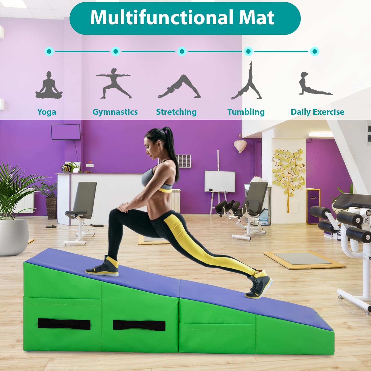 Non-Slip Gymnastics Tumbling Mat with Handle - Cheese Wedge Yoga Mat for Pilates, Martial Arts & Home Workouts | Perfect for Gym, Fitness Studio & Kids Play Area