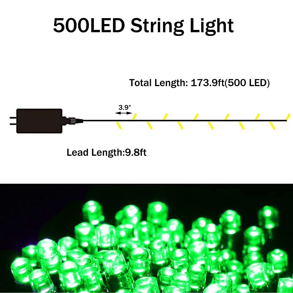 500 LED Green Christmas String Lights - St. Patrick's Day Decorations, 173.9ft Outdoor Twinkling Plug-in Hanging Lights for Xmas Tree, Party, Bar, Bedroom, Garden & Patio Decor - Perfect for Holiday Celebrations and Festive Atmosphere