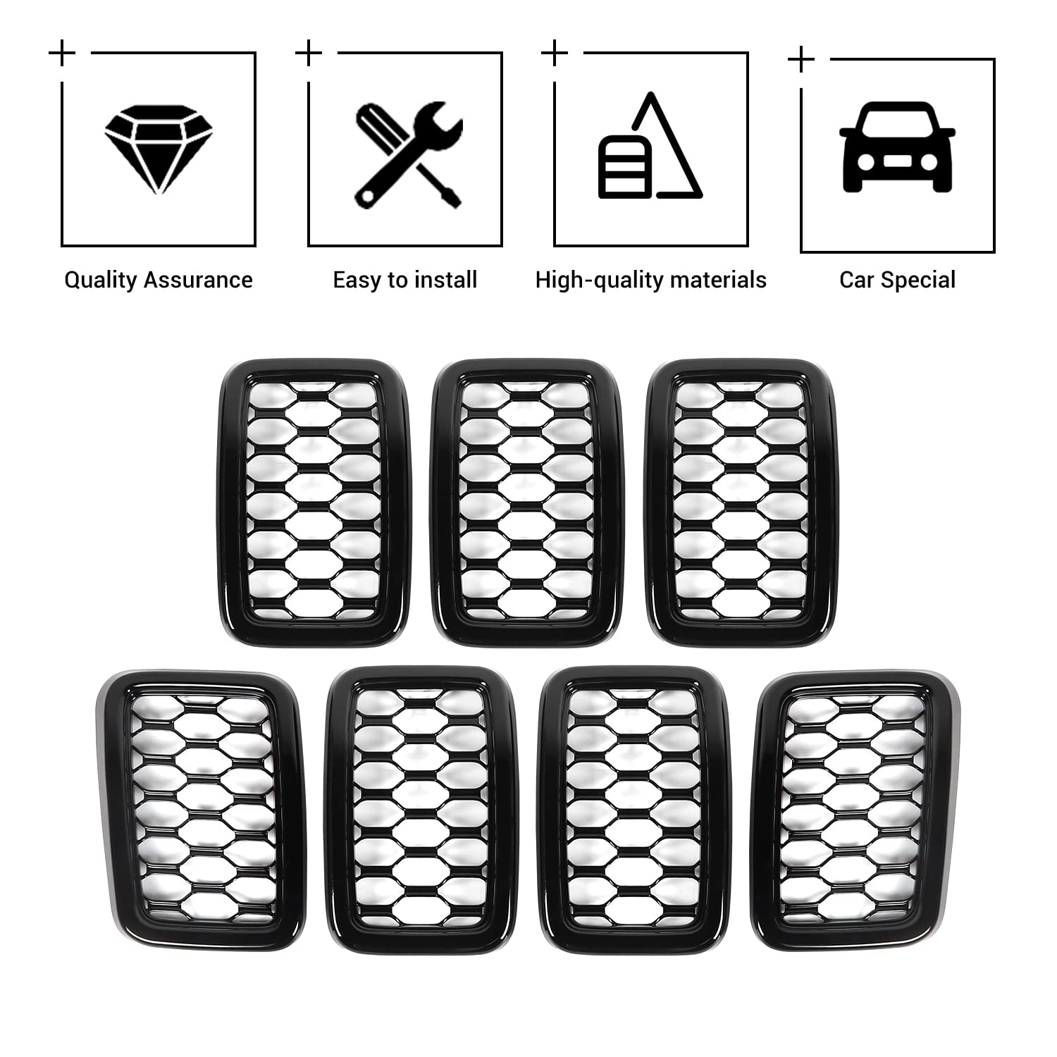 JeCar 7Pcs Black Honeycomb Front Grill Rings & Mesh Inserts Cover Trim Kit for 2017-2020 Jeep Grand Cherokee - Off-Road & Urban Style Upgrade