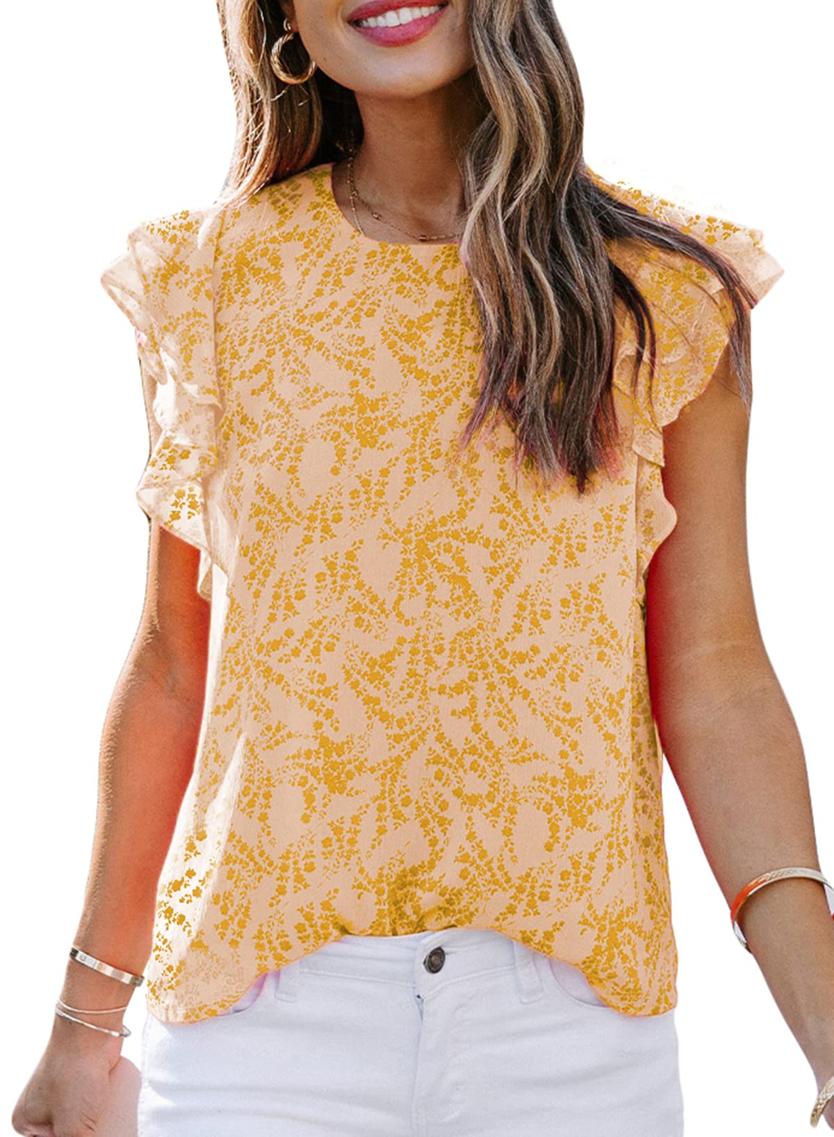 Diukia Women's Floral Print Ruffle Flutter Sleeve Blouse - Summer Chiffon Flowy Tops for Casual Wear, Date Night & Vacation Outfits