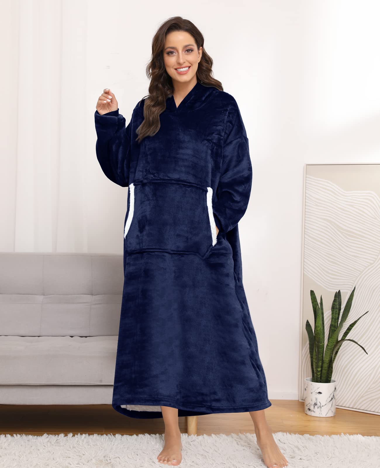 Sendowtek Wearable Blanket Hoodie for Women & Men - Soft Sherpa Fleece Long Hooded Blanket with Giant Pocket, One Size Fits Adults & Teens - Perfect for Lounging, Camping & Cold Weather (Navy Blue)