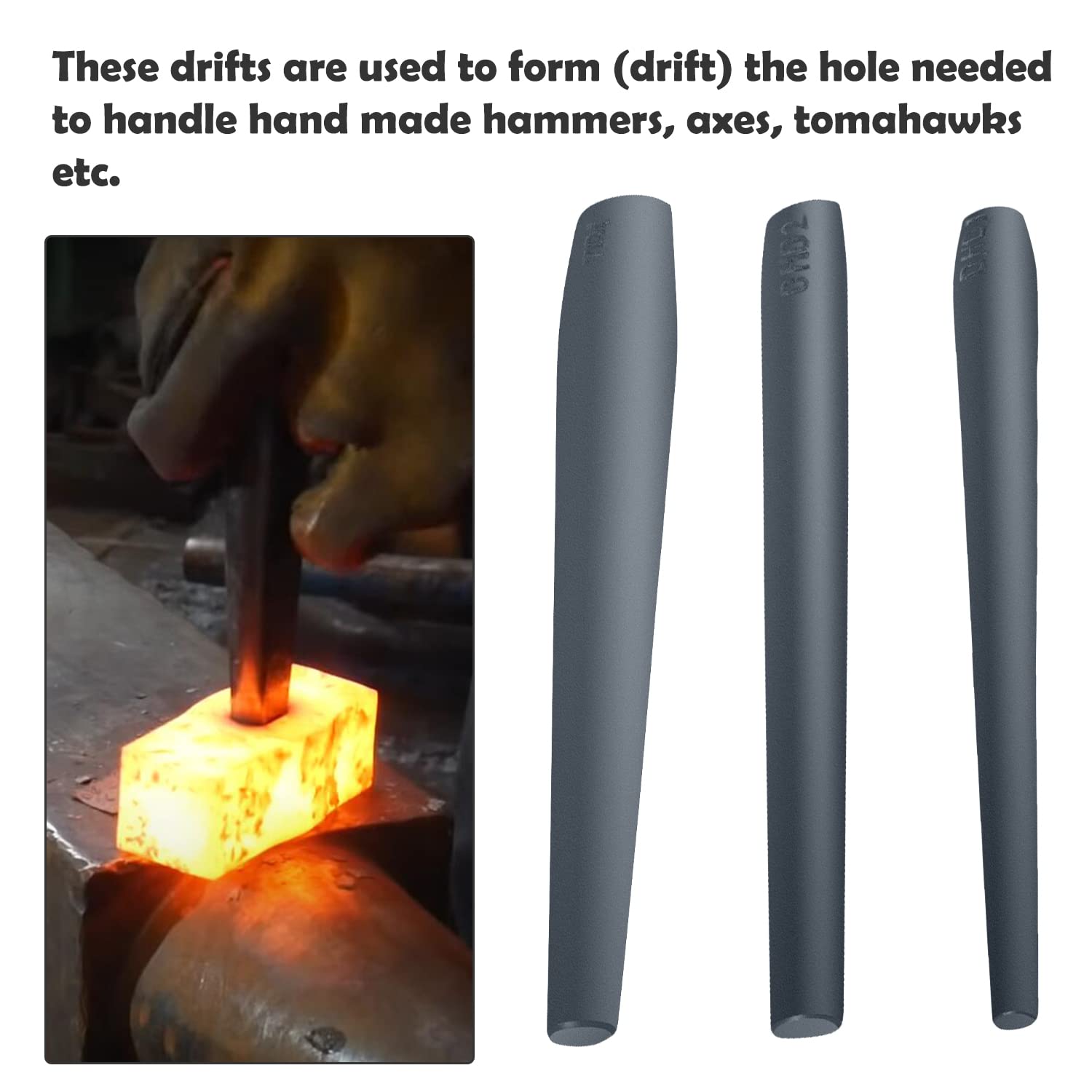 **Professional Blacksmith Drift Set - 3-Piece Forging Tools for Knifemaking, Tomahawk Axe & Hammer (Perfect for Tongs, Axes & Blacksmithing Projects)** - **Ideal for DIY Metalworking, Blade Crafting & Tool Repair**