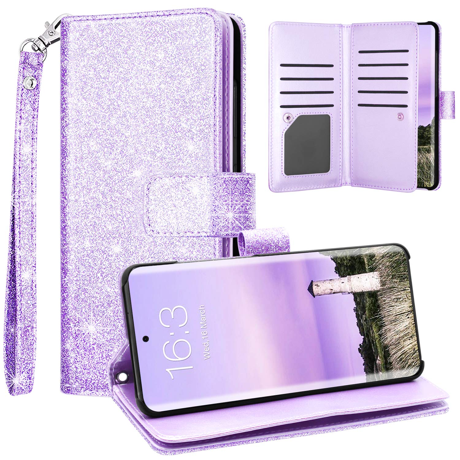 Samsung S20 Ultra Wallet Case - Glitter PU Leather Cover with Card Holder & Wrist Strap for Women | Perfect for Daily Use & Travel