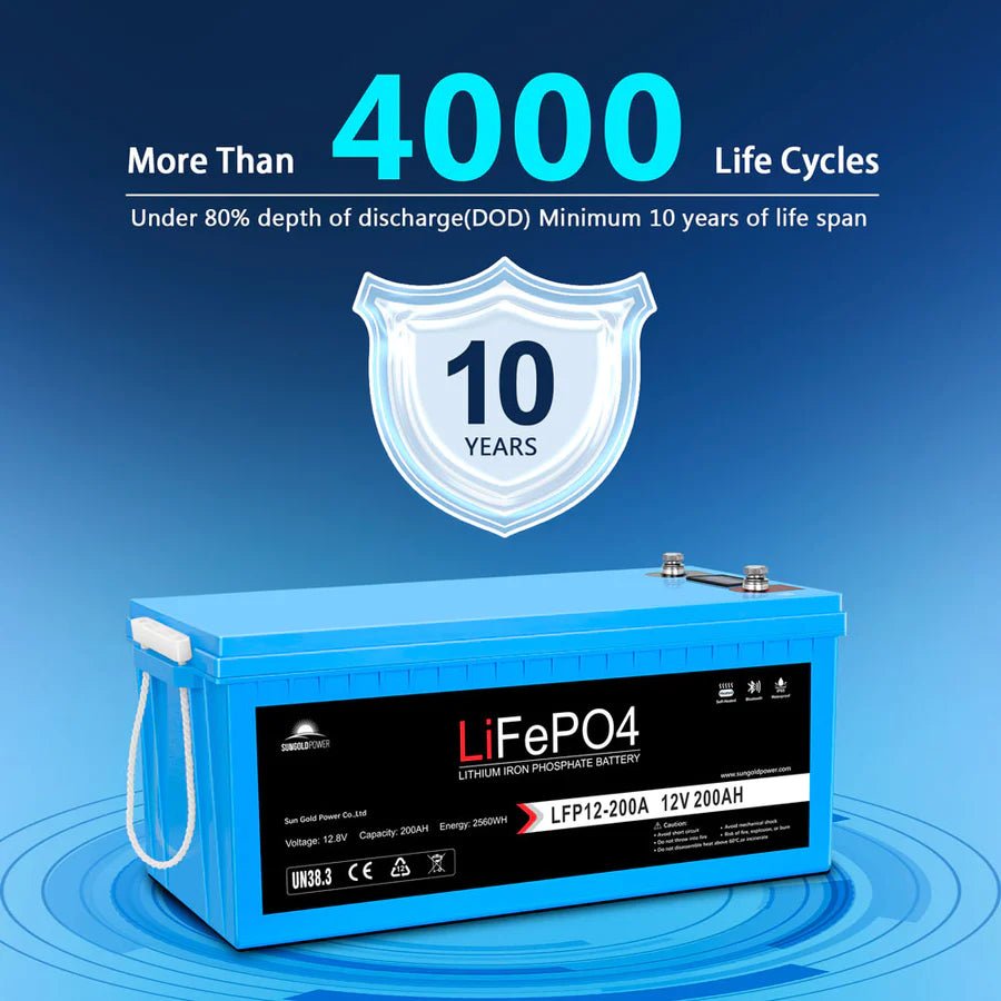 SunGoldPower 12V 200AH LiFePO4 Deep Cycle Lithium Battery with Bluetooth, Self-Heating & IP65 - Perfect for RVs, Solar Systems, Marine & Off-Grid Power Storage