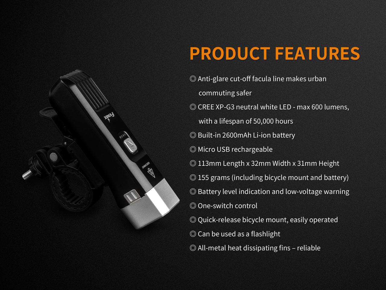 Fenix BC25R Rechargeable LED Bike Light - 1600 Lumens, Waterproof Cycling Headlight for Night Riding, Mountain Biking & Commuting