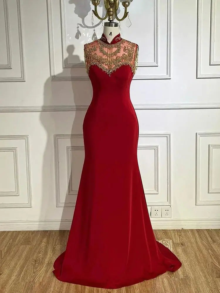 Elegant Arabic Wine Red Mermaid Evening Gown with Beaded Satin for Women - Dubai Luxury Wedding & Party Dress 2025 LA72556 | Perfect for Formal Events, Galas & Special Occasions