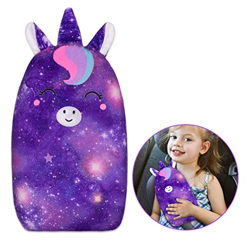 FIODAY Unicorn Car Seat Belt Covers for Kids - Soft Adjustable Seat Belt Cushion & Neck Support Pillow for Baby Boys Girls Travel - Comfortable Head Rest for Long Rides (Deep Purple) - Perfect for Road Trips, Airplane Travel & Daily Commutes