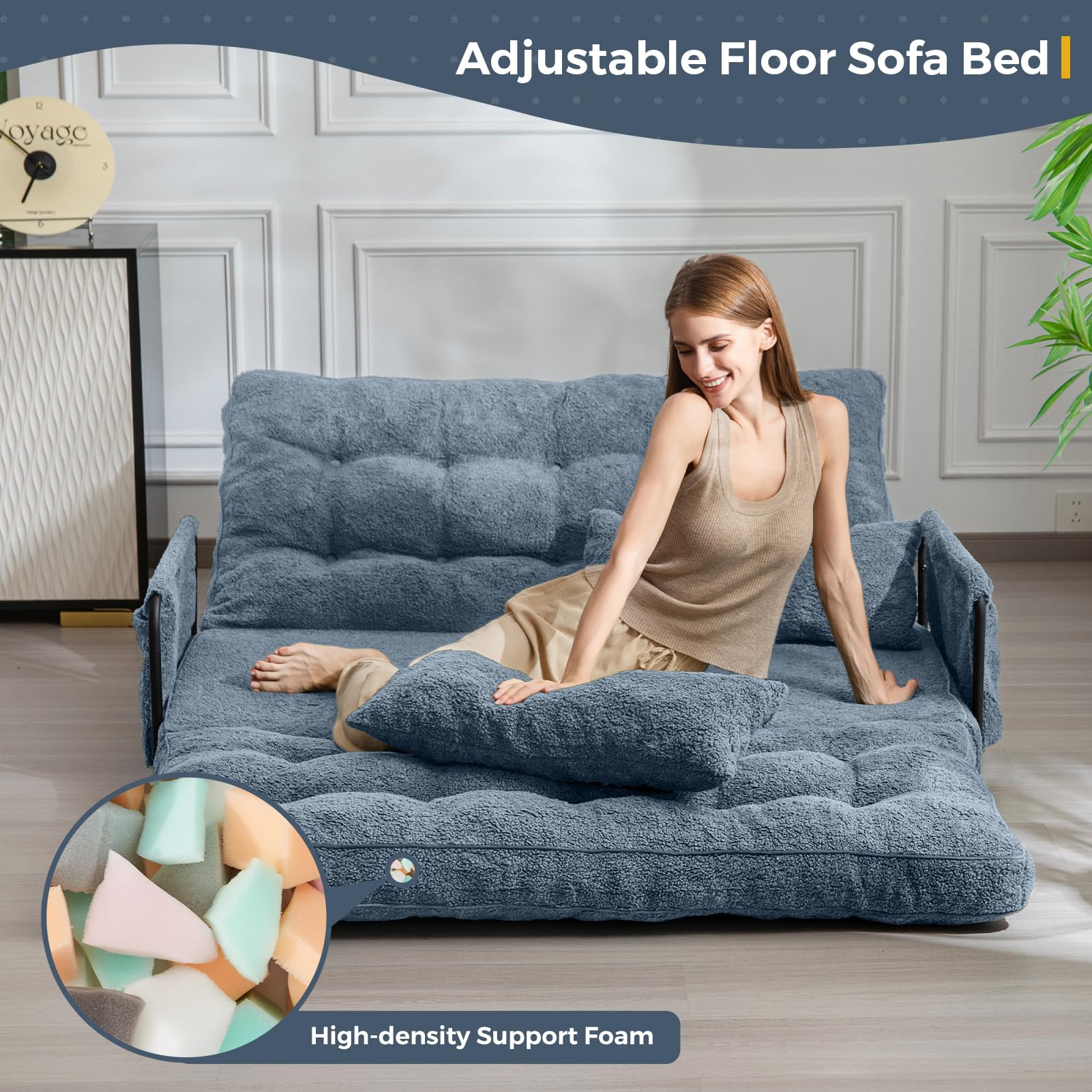 MAXYOYO Adjustable Floor Sofa Couch - Convertible Lazy Sofa Bed with 2 Pillows & Armrests | Boucle Fabric in Dusty Blue | Perfect for Small Spaces, Living Rooms & Guest Beds