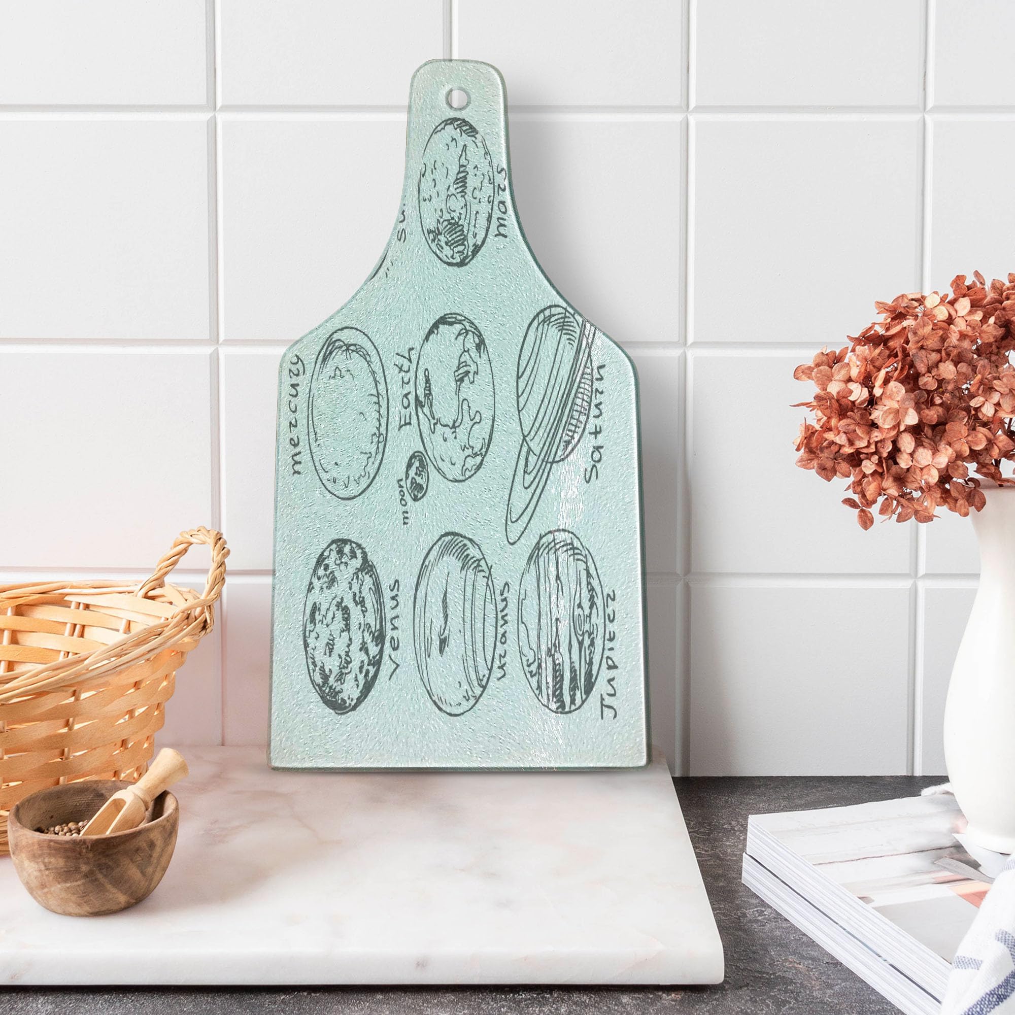 Ambesonne Solar System Cutting Board - Tempered Glass Kitchen Serving Board with Sun, Mercury, Earth, Moon, Mars, Neptune, Saturn & Jupiter Design - Black & White Wine Bottle Shape for Cheese, Charcuterie & Party Platters - Perfect for Science Lovers & Astronomy Themed Kitchens