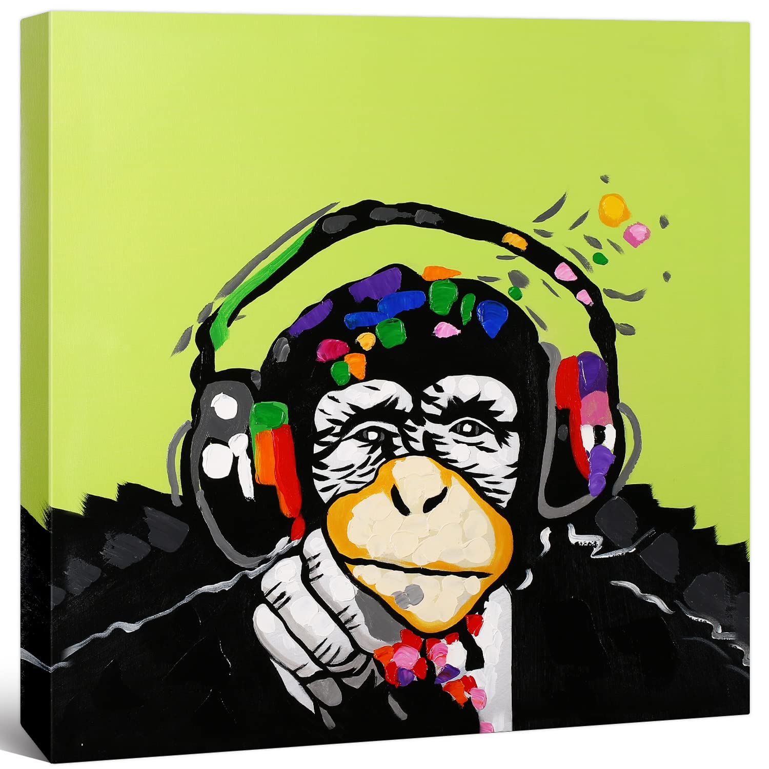 Modern Animal Pop Art Framed Canvas Print - Monkey Music with Headphones Wall Decor, 24x24 Inches, Gallery Wrapped Inner Frame - Perfect for Living Room, Bedroom & Office Decor