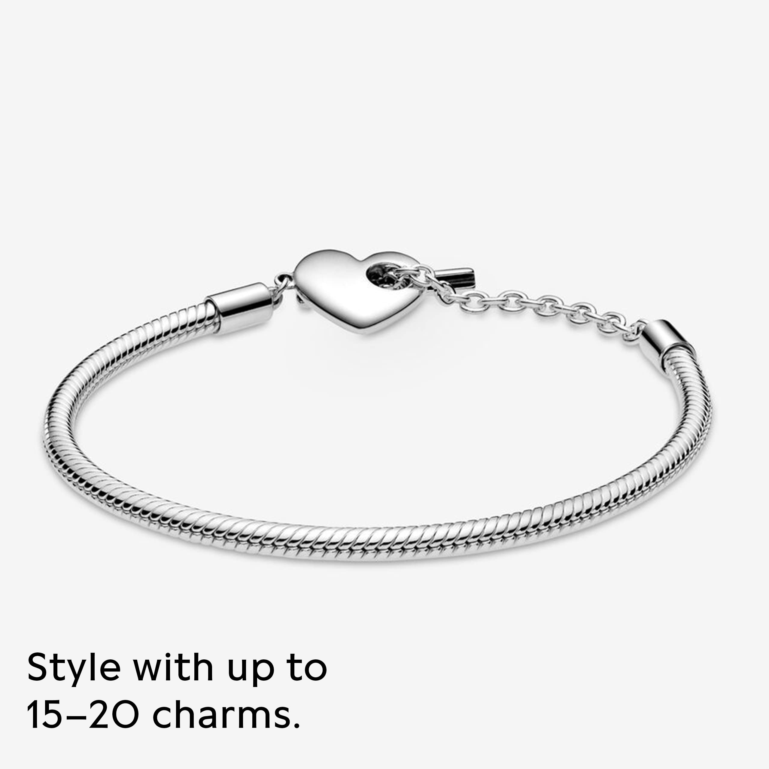 PANDORA Moments Heart T-Bar Snake Chain Bracelet with Charms - Adjustable Silver Jewelry Gift for Women, Girlfriend, Wife - Perfect for Anniversary, Birthday, Valentine's Day - Comes in Elegant Gift Box