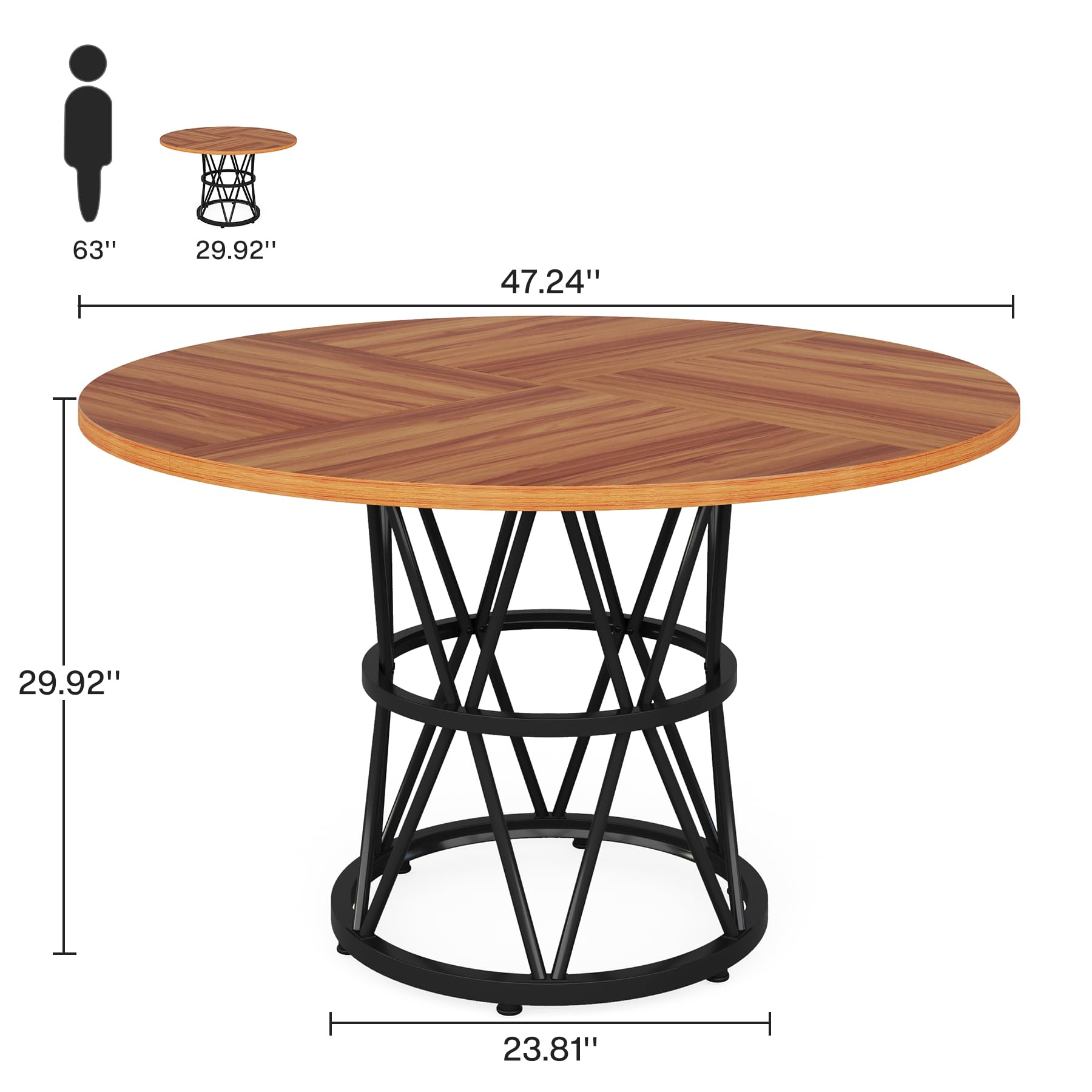 Tribesigns 47-Inch Round Dining Table for 4 - Solid Wood Kitchen Table with Metal Base in Brown & Black - Perfect for Small Spaces, Breakfast Nooks, and Cozy Dining Rooms