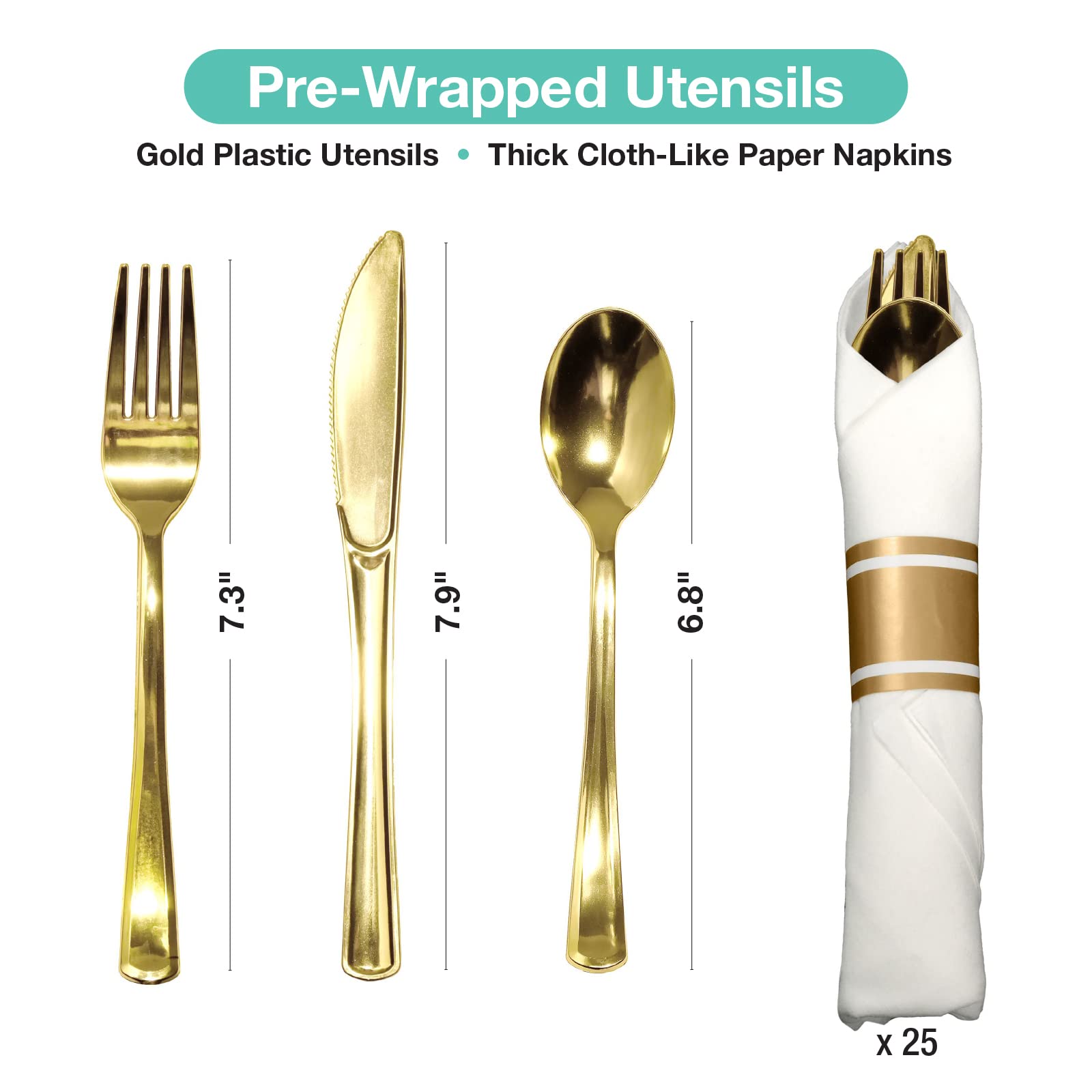 Premium Pre-Wrapped Cutlery Set - 25 Sets of Fork, Knife & Spoon with Napkins - Includes 25 Small & Large Gold Plates - Perfect for Weddings, Parties & Catering Events