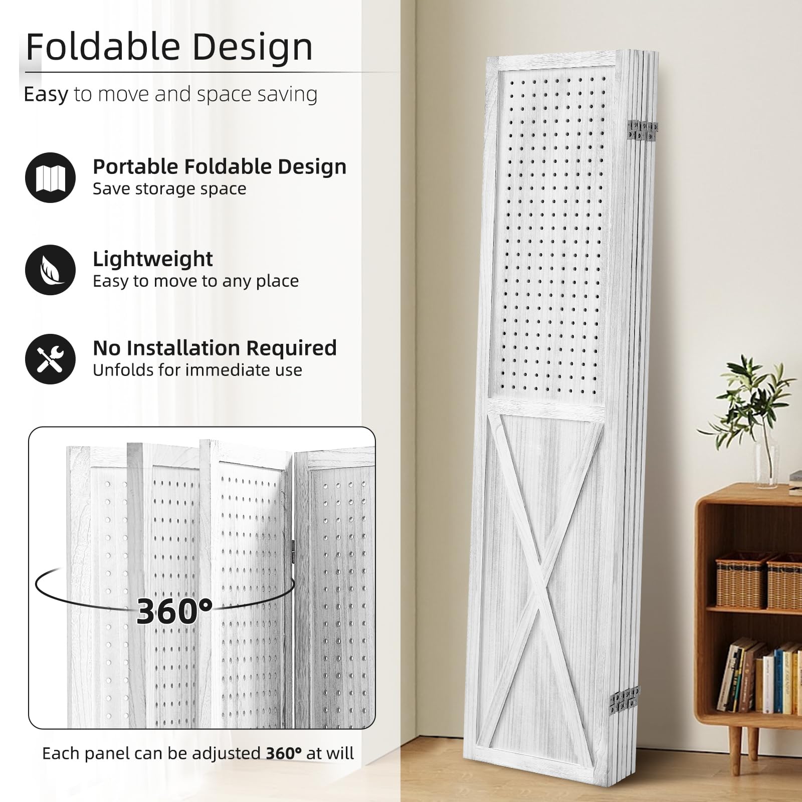 6 Panel Pegboard Room Divider & Folding Privacy Screen - 5.6Ft Tall Portable Display Stand Organizer for Home, Office, and Retail Spaces (White) - Perfect for Room Separation, Craft Shows, and Trade Displays