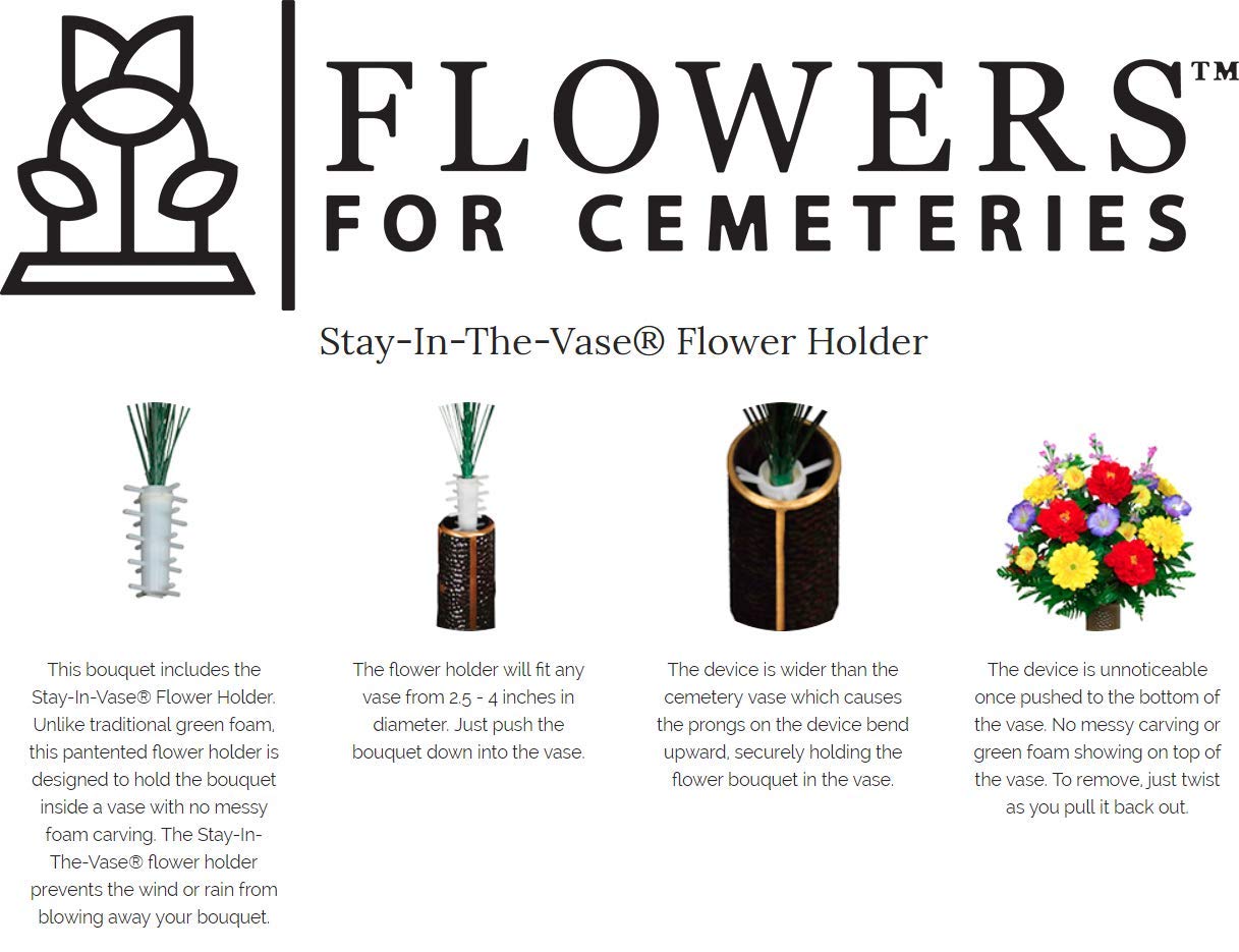 Sympathy Silks Artificial Cemetery Grave Decorations - 2 Pink Yellow Wildflower Bouquets, 1 Matching Saddle, and 2 Vases Included | Memorial Flowers for Graveside, Headstone Decor, Funeral Arrangements & Cemetery Visits