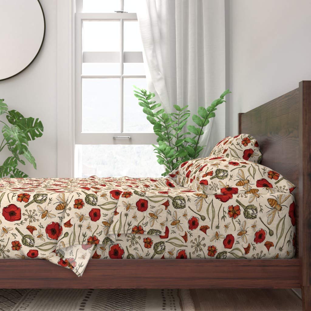 100% Cotton Twin Sheet Set 3pc - Art Bee Bees Artichoke Poppy Floral Nature Print Custom Bedding | Soft & Breathable Sheets for Cozy Bedroom Decor, Guest Room & Dorm Essentials
