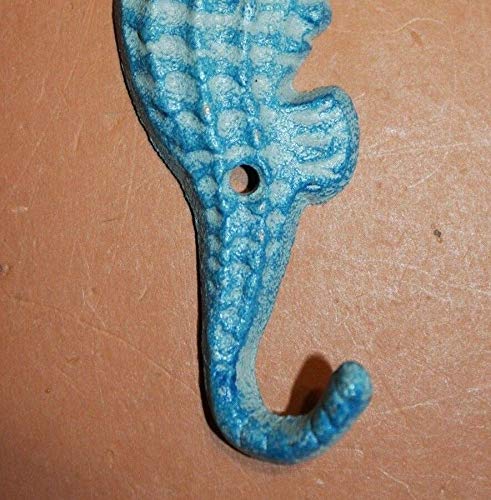 Coastal Blue Seahorse Coat Hooks - Set of 6 Cast Iron Wall Hooks for Beach House Decor, Bathroom, Entryway & Kids Room Organization