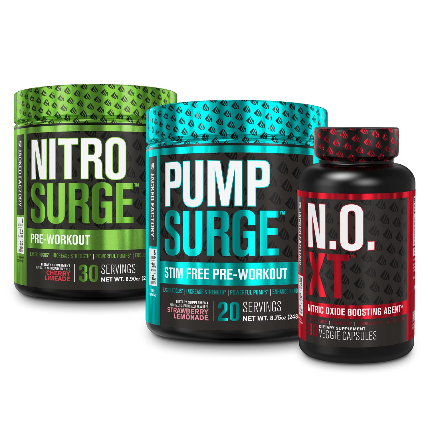 Best Pre Workout Supplement for Muscle Pump - Nitrosurge Pre-Workout, Pumpsurge Caffeine-Free Formula & N.O. XT Nitric Oxide Booster Bundle | Enhance Gym Performance, Strength Training & Bodybuilding Workouts