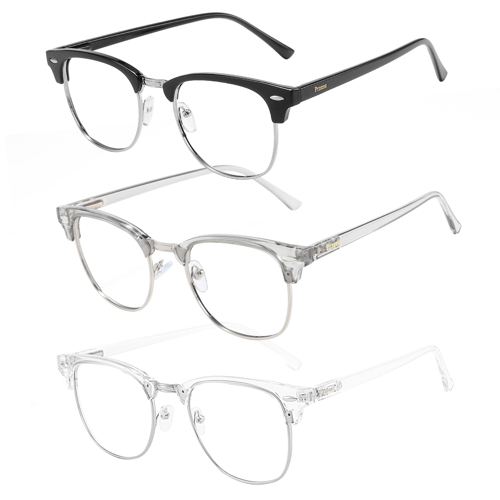 Blue Light Blocking Glasses for Men & Women - UV400 Protection Computer Eyewear - Retro Round Semi-Rimless Design - 3-Pack (Black, Grey, Transparent) - Reduce Eye Strain for Work, Gaming & Screen Time