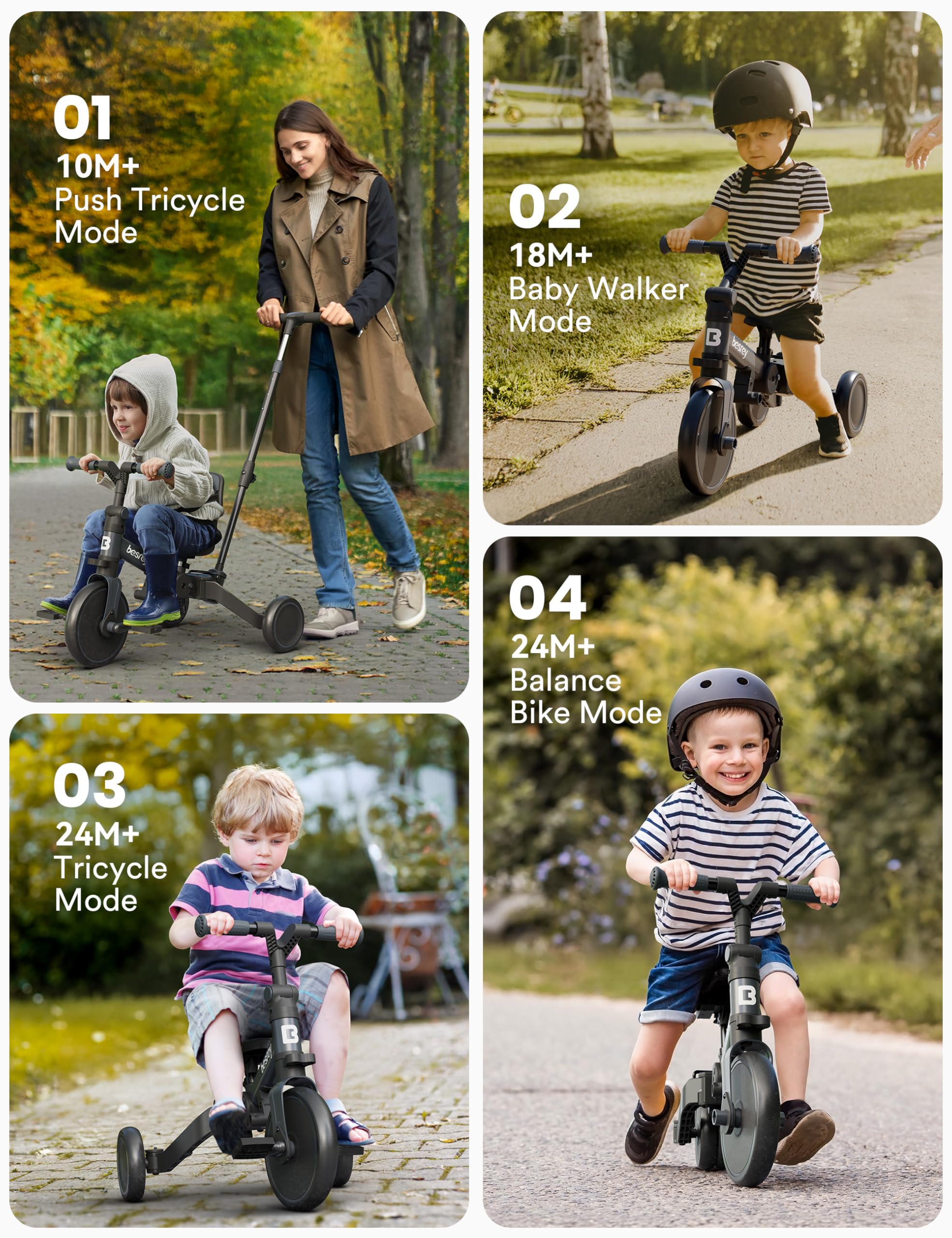 Besrey 5-in-1 Toddler Bike & Tricycle for 1-3 Year Olds - Adjustable Push Handle, Safety Belt & Backrest - Balance Bike & First Bike for Boys & Girls - Perfect Birthday Gift & Outdoor Play Toy for Toddlers