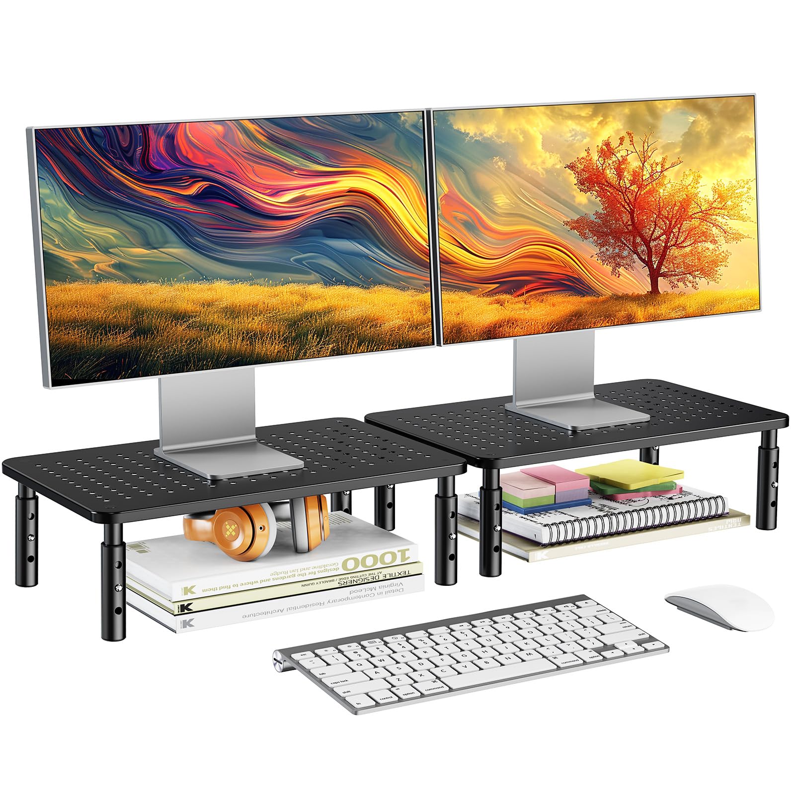 Adjustable Dual Monitor Stand for Desk - Black 2 Pack | Ergonomic Computer Monitor Riser with Height Adjustment | Perfect for Home Office, Gaming Setup & Workspace Organization