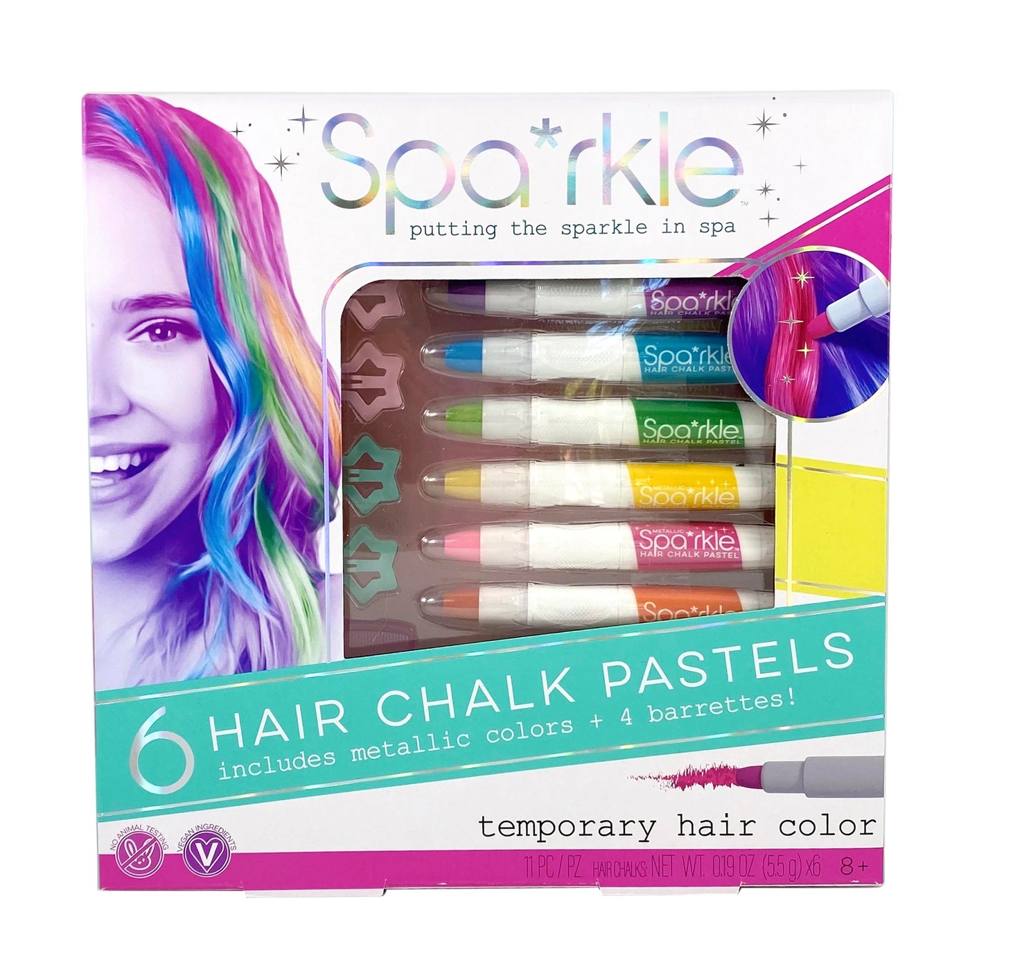 Sparkle 6 Hair Chalk Pastels with Barrettes Set - Temporary Hair Color for Kids & Teens - Perfect for Parties, Halloween, and Festivals