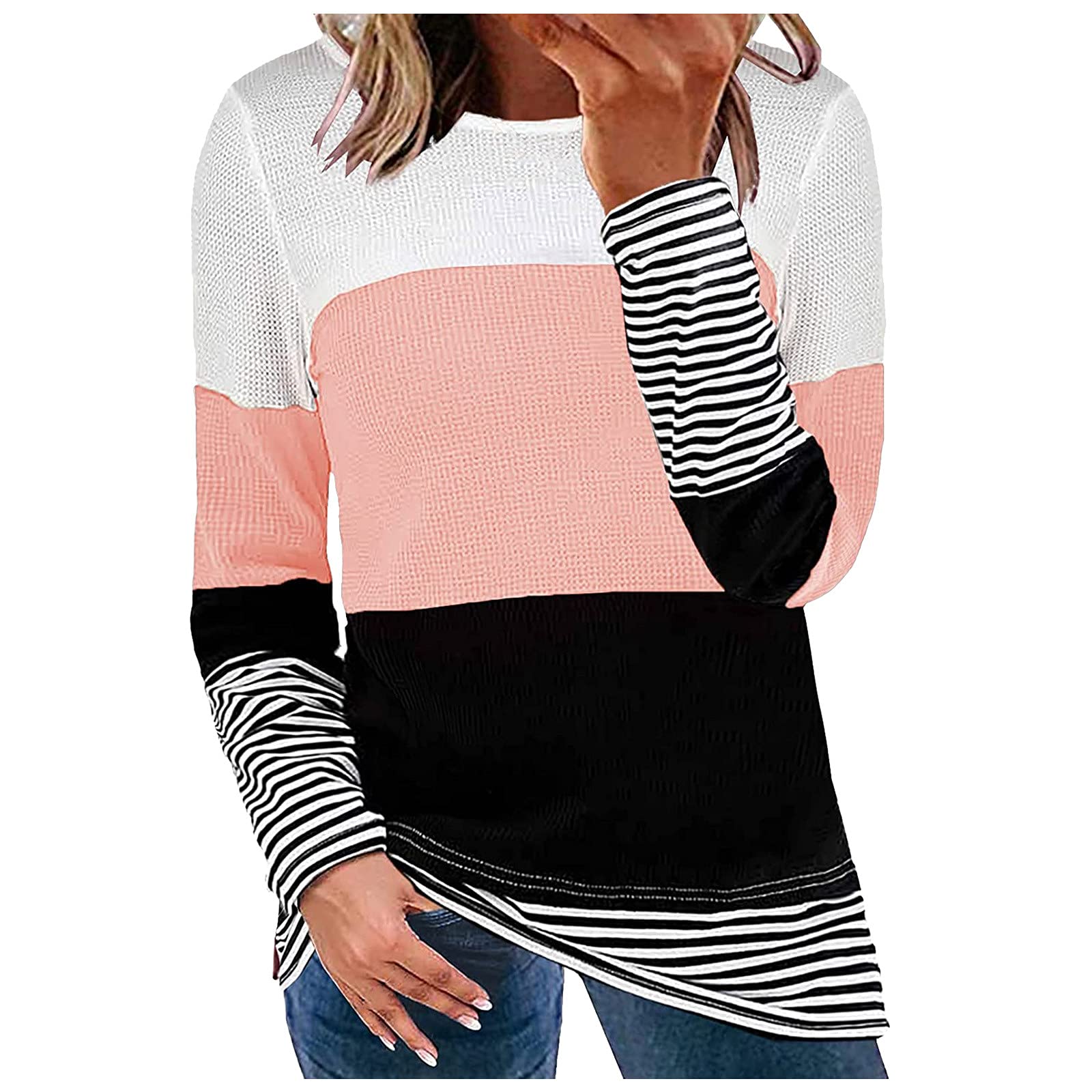 Women's Lightweight Patchwork Long Sleeve Blouse - Striped Round Neck Loose Waffle Knit Top for Casual Wear, Office Outfits & Fall Layering