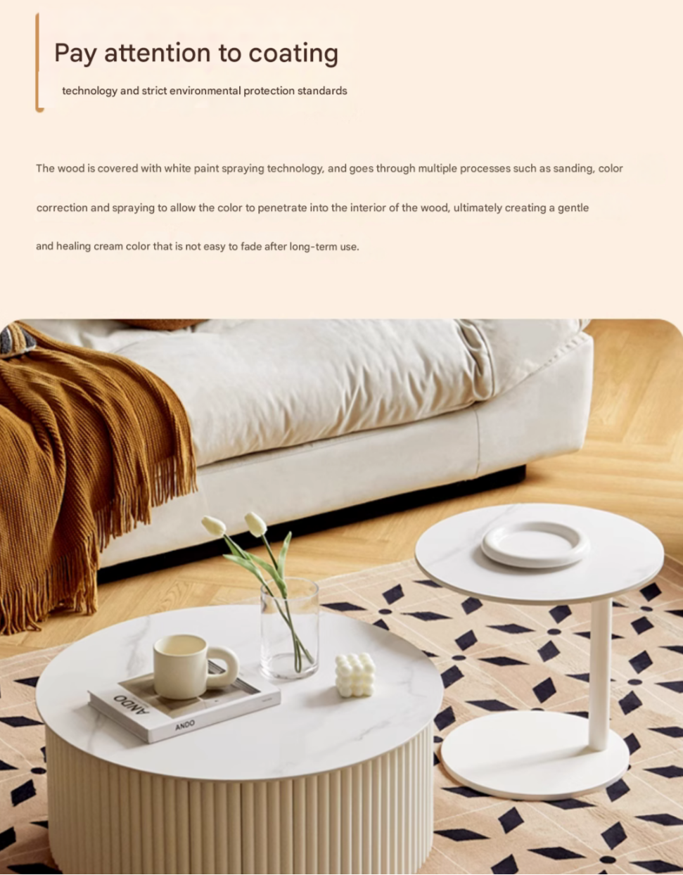 Birch Solid Wood Cream Style Rock Plate Coffee Table - Modern Scandinavian Living Room Furniture for Small Spaces, Home Decor, and Cozy Gatherings