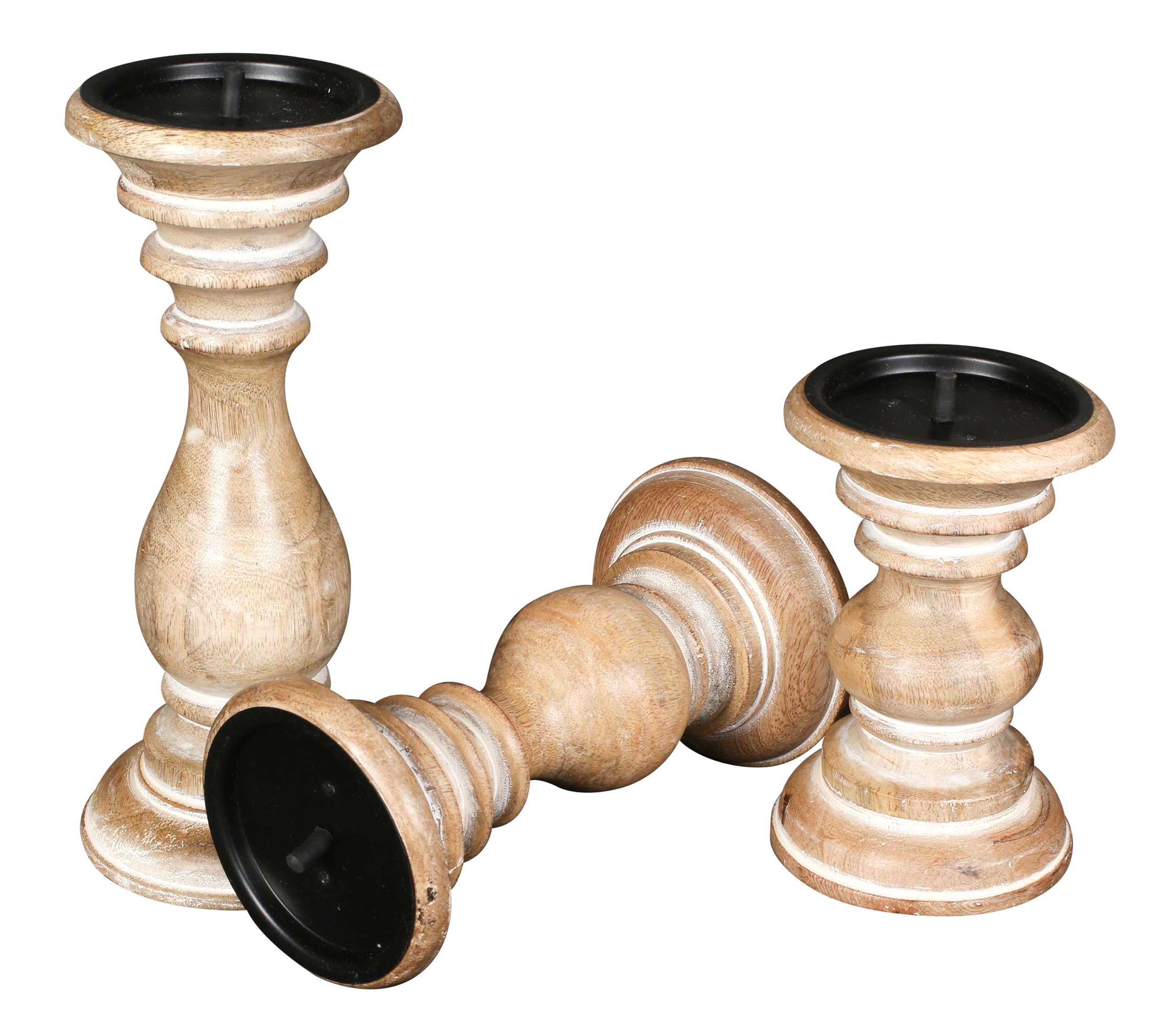 Rustic Whitewashed Wooden Candle Holder Set of 3 - Farmhouse Style Tall Pillar Candle Holders (10