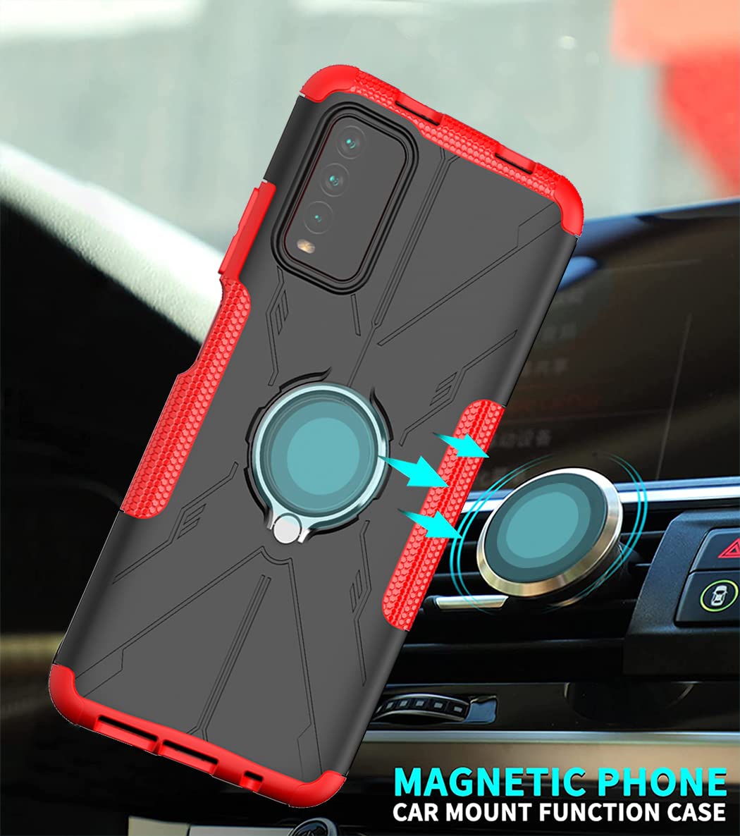 Premium Shockproof Phone Case for Redmi 9T/Poco M3/Redmi Note 9 4G M2010J19SL - Includes Tempered Glass Screen Protector & 360° Rotating Metal Ring Holder Kickstand - Durable Protection Cover for Xiaomi Redmi 9T (Red) - Perfect for Work, Travel & Outdoor Activities