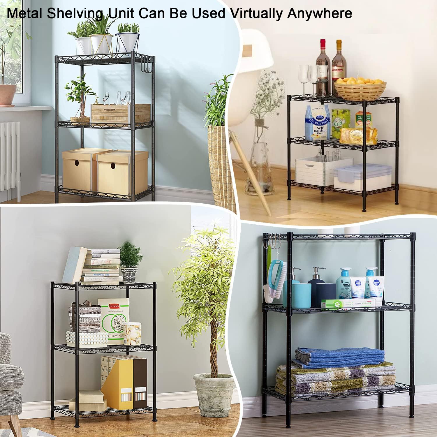 Santoy 3-Tier Adjustable Metal Storage Shelf - Heavy Duty Steel Wire Organizer for Kitchen, Bathroom, Pantry, Closet & Bedroom (Black, 17.7