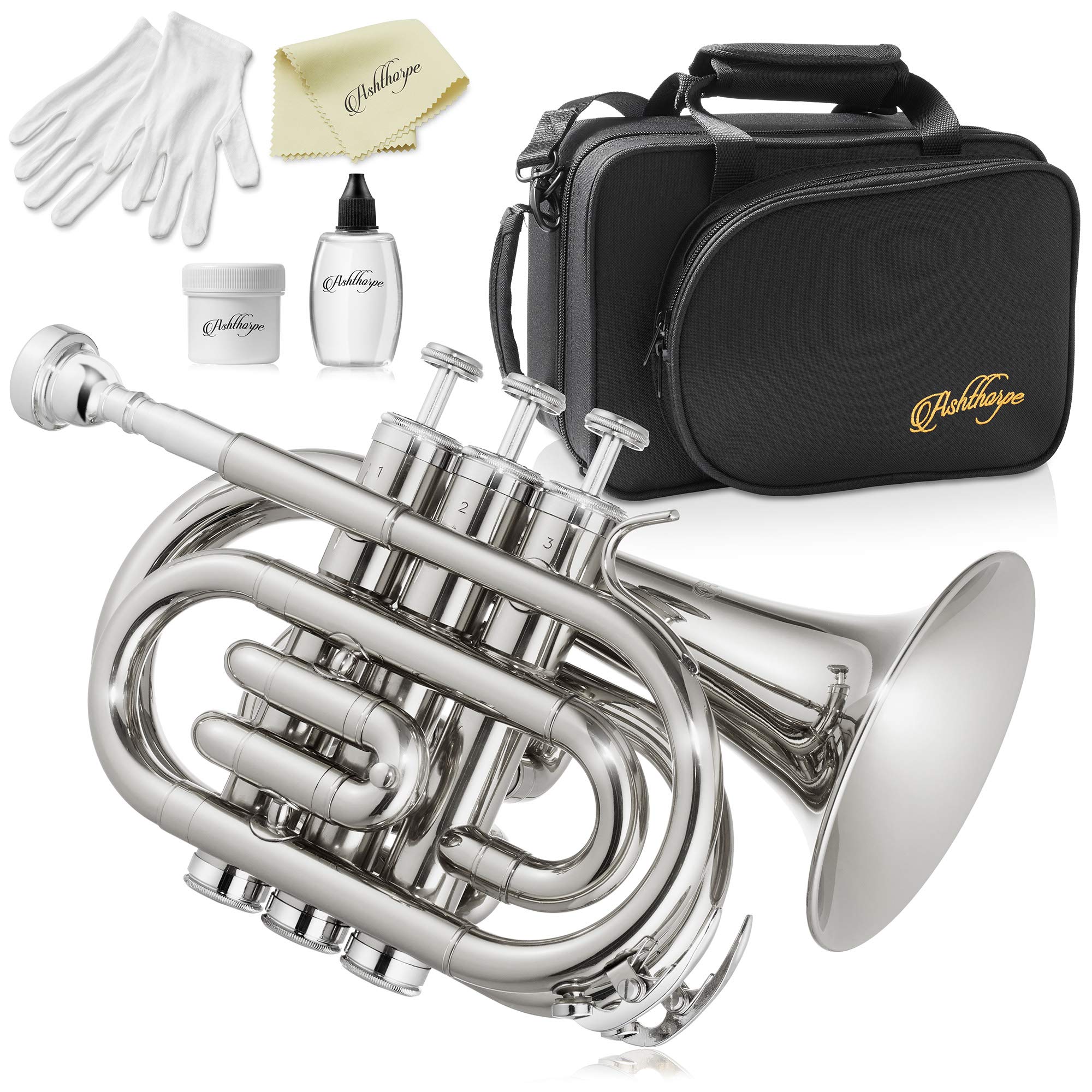 Ashthorpe Bb Brass Pocket Trumpet with Nickel Plated Finish - Professional Compact Trumpet with Case, Mouthpiece, Gloves & Cleaning Kit - Perfect for Travel, Practice & Student Performances