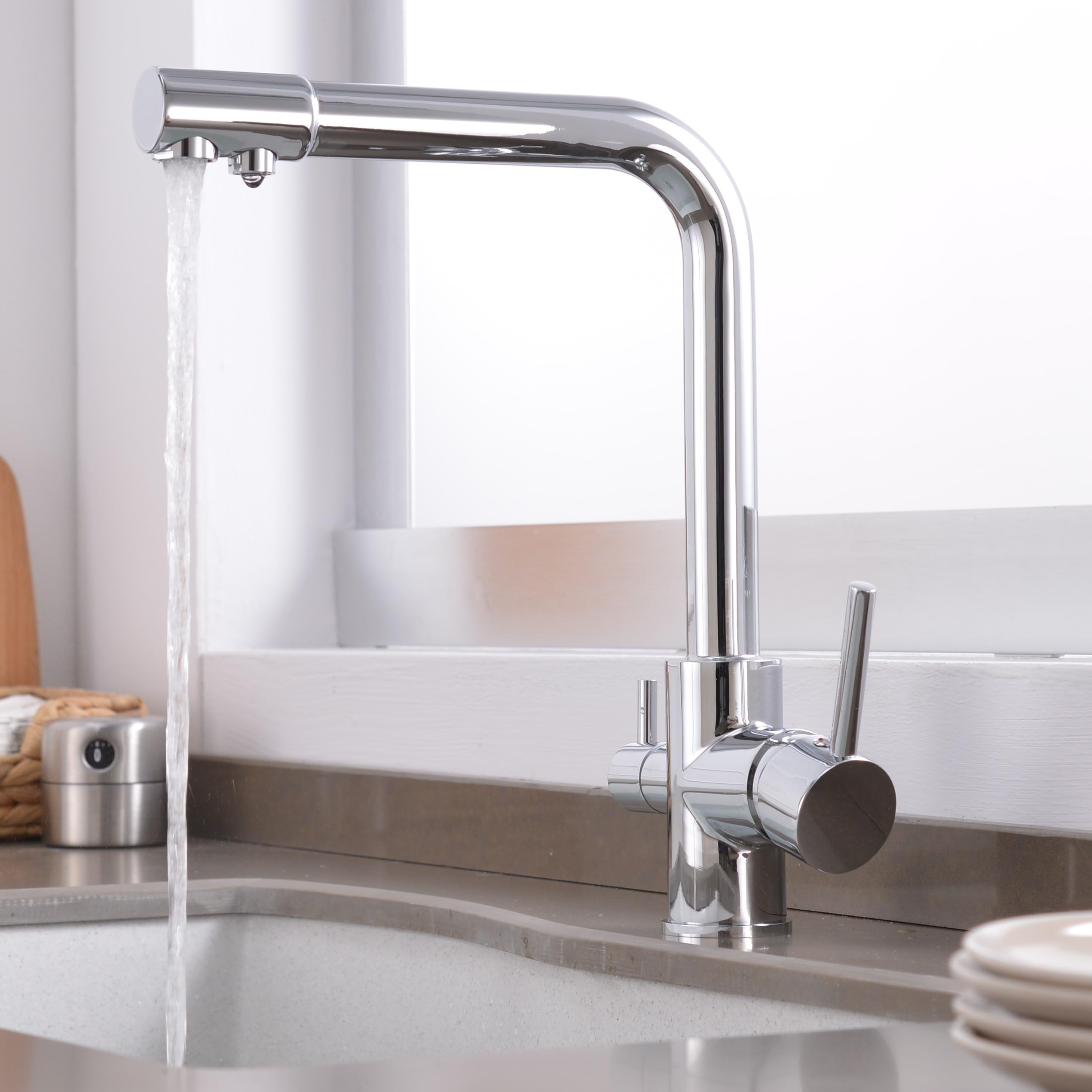 High-Quality InArt Kitchen Sink Faucet with 360° Swivel Spout | Brass Construction | 3-Way Water Filter | Dual Lever Control | Deck Mounted Chrome Finish | Perfect for Modern Kitchens & Food Prep Areas