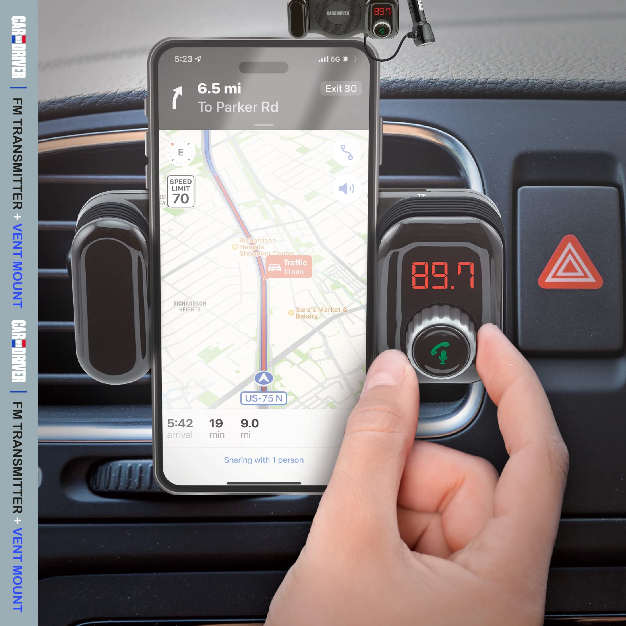 Car and Driver Bluetooth FM Transmitter with Car Vent Phone Mount | Hands-Free Calling, USB Charging, Siri Compatible, TF Card Slot, Secure Grip, Universal Fit for Streaming Audio in Car