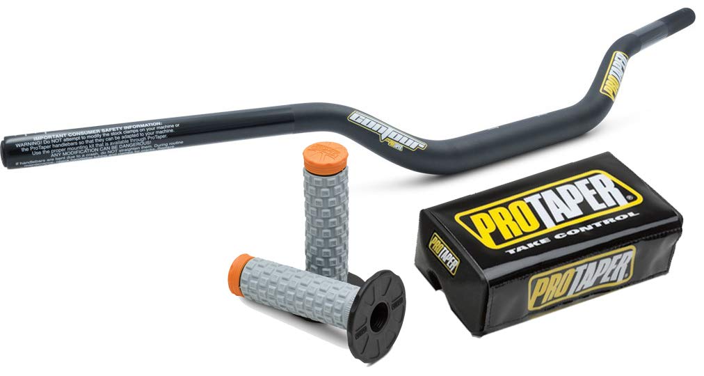 Pro Taper 2809D JET BLACK Black Woods High Contour Handlebars & 024855 Orange Pillow Top Grips - Premium Motorcycle Handlebar Grips for Dirt Bikes, ATVs, and Off-Road Riding