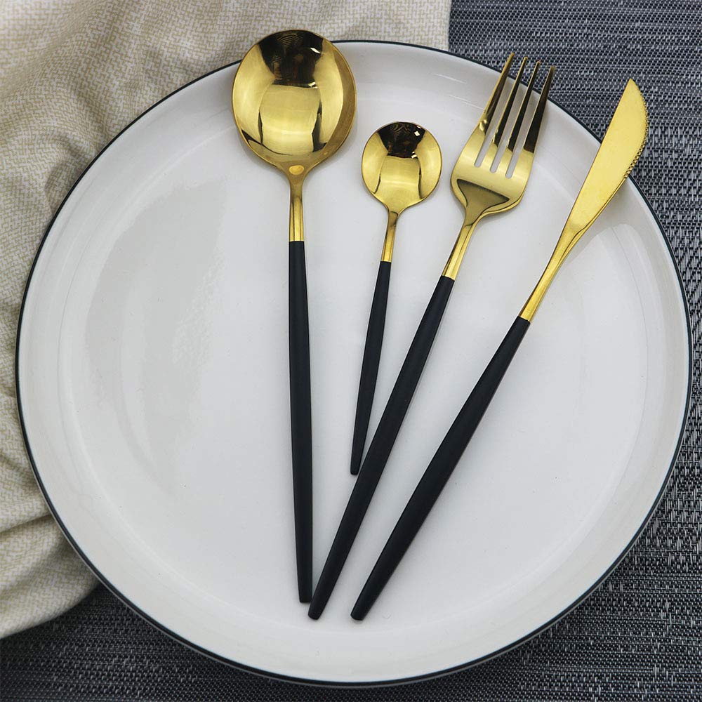 Premium 30-Piece Stainless Steel Flatware Set - Black Gold Silverware with Satin & Mirror Finish - Elegant Cutlery for Home, Restaurant & Dinner Parties - Dishwasher Safe Tableware for Everyday Use & Special Occasions