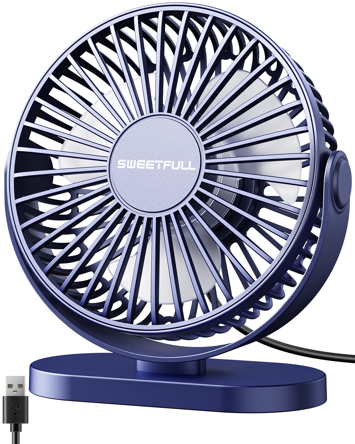 SWEETFULL 5.5 Inch USB Desk Fan - Small Quiet Personal Fan with 3 Speed Settings, 360° Rotation & Adjustable Angle | Portable Mini Cooling Fan for Office Desk, Home, Dorm, Bedroom (Blue)