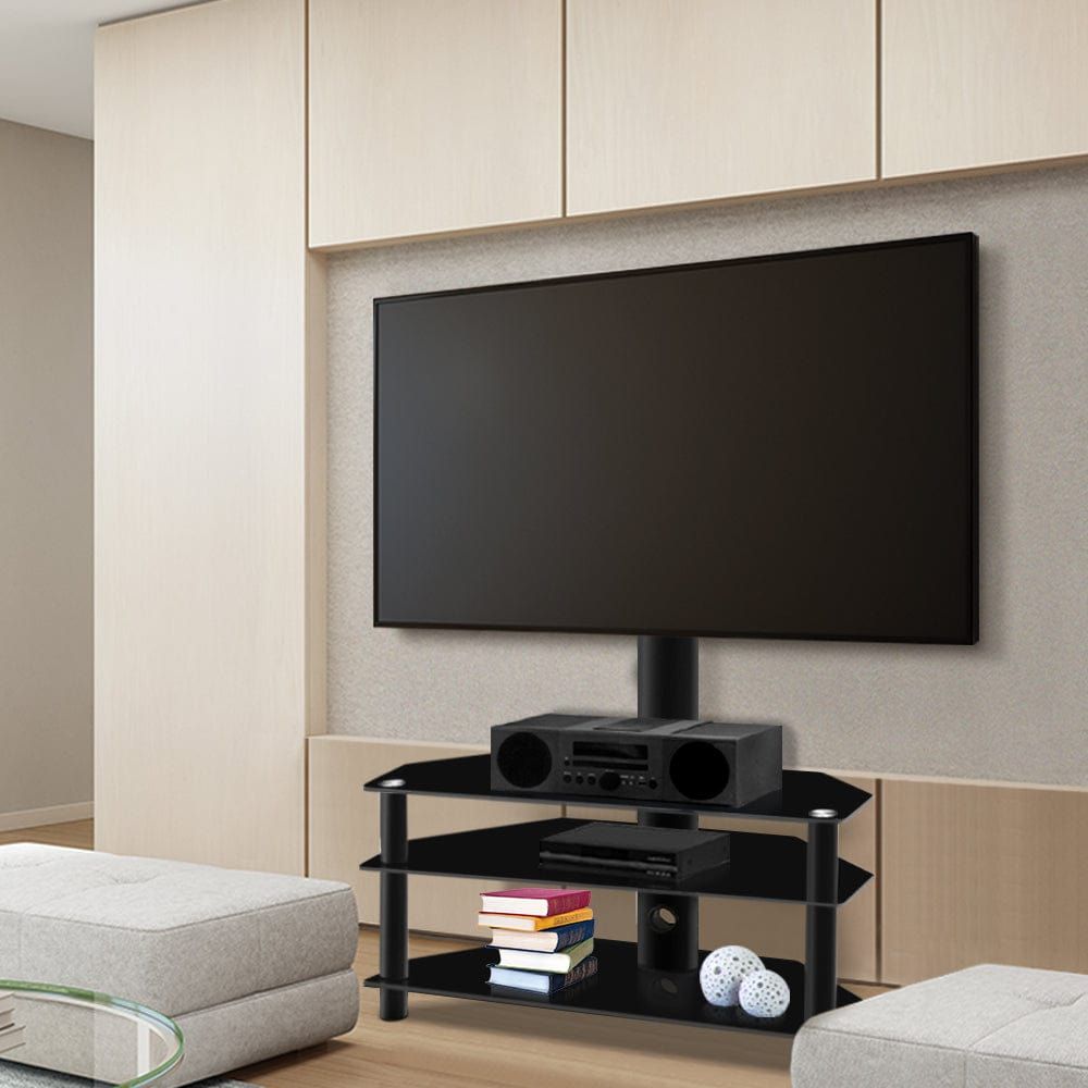 3-Tier Floor TV Stand with Bracket Shelf Mount - Sturdy Entertainment Center for Living Room, Bedroom & Home Theater Setup