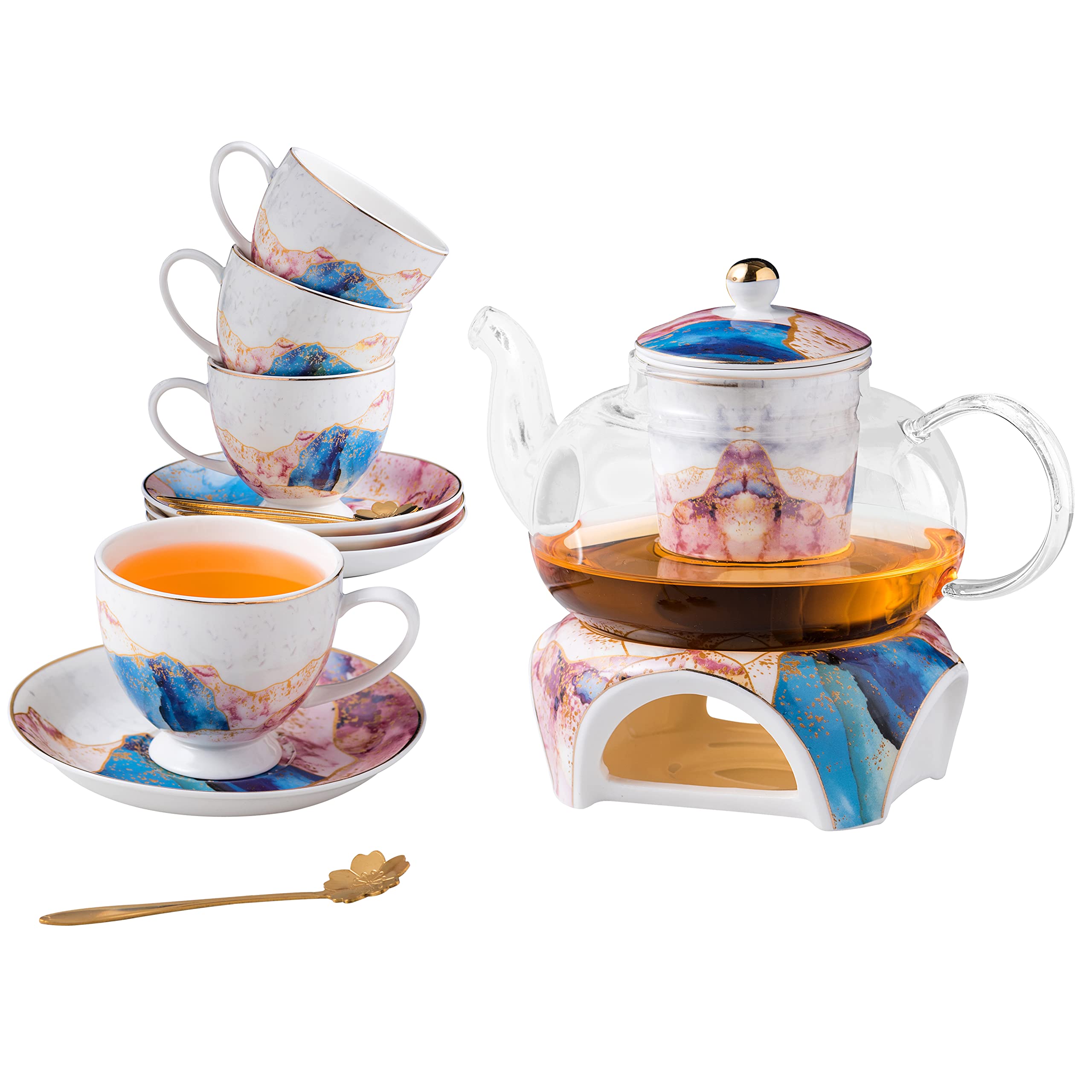 Jusalpha Fine China Rainbow Galaxy Series 16-Piece Glass Tea Set with Infuser, Warmer, Teacups, Saucers & Spoon - Elegant Gift Box - Perfect for Afternoon Tea, Bridal Showers & Home Decor (FD Glass Pot Set 08)