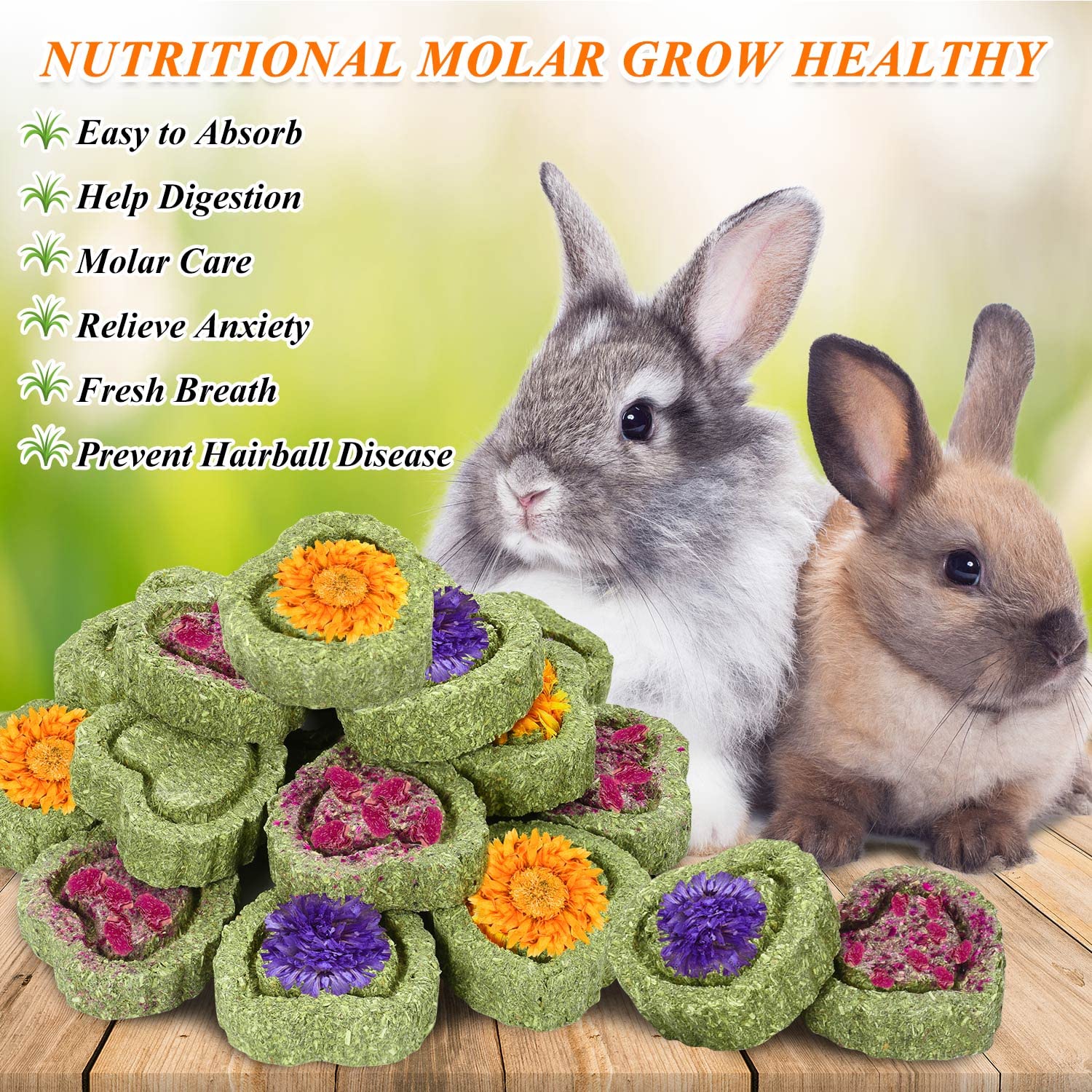 20PCS Bunny Chew Toys for Rabbits - Organic Timothy Hay Cakes for Small Pets Like Chinchillas, Hamsters & Guinea Pigs - Natural Teeth Care Chew Toys for Dental Health - Perfect for Cage Enrichment and Playtime