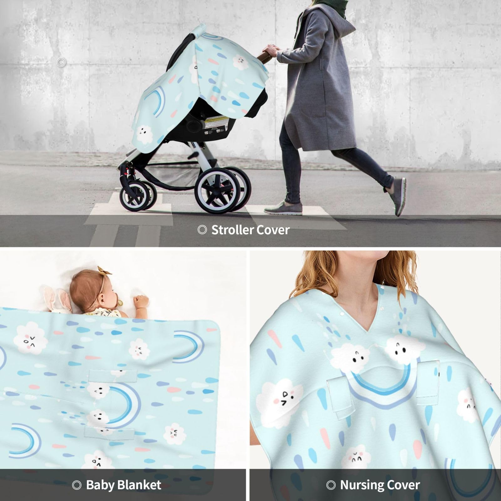 Peekaboo Opening Car Seat Cover for Babies & Infants - Breathable Clouds Rain Design Nursing Canopy - Perfect for Travel, Stroller & Car Safety