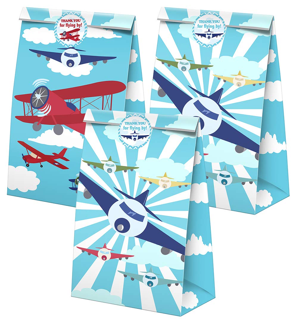 SamPartyShop 24-Piece Airplane Goodie Bags with Stickers - Airplane Themed Party Favors, Candy Bags & Gift Treats for Birthday Celebrations, Travel Themed Events & Kids' Parties