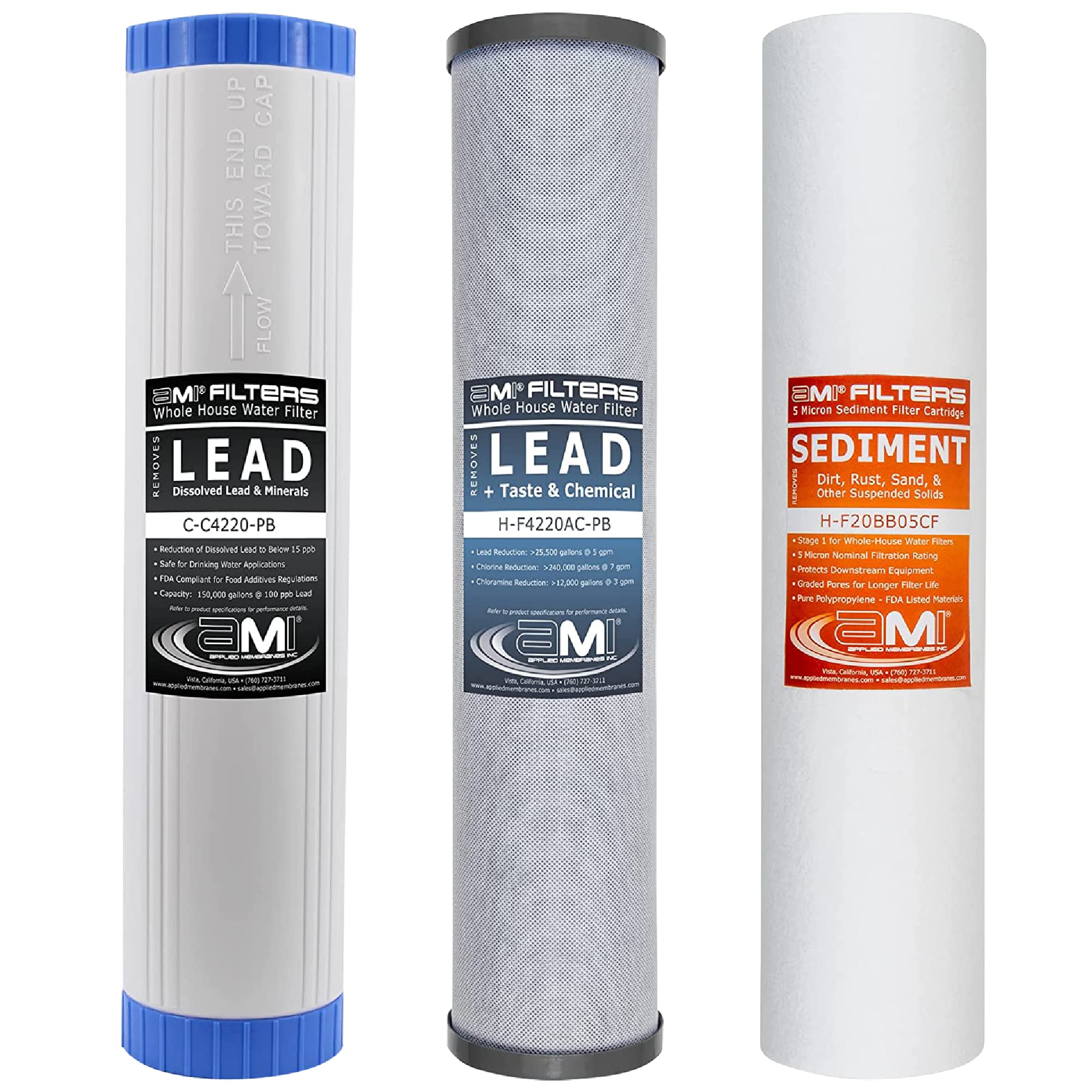 Applied Membranes Inc. 3-Stage Whole-House Water Filtration System Replacement Cartridges - 20-Inch Sediment, Carbon & Lead Filters for Clean Drinking Water | Ideal for Home, RV & Vacation Property Use
