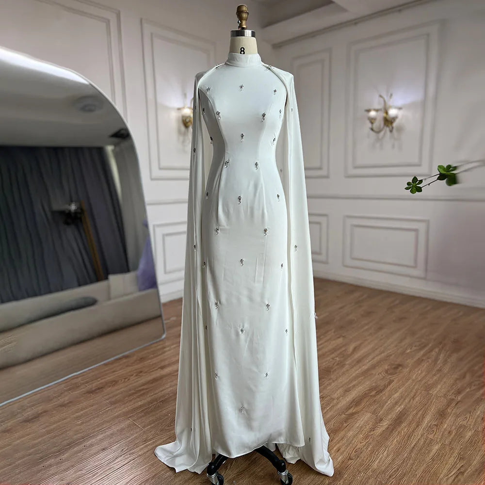 Elegant Arabic White Hijab with Beaded Satin Mermaid Long Cloak - Dubai Evening Dress Gown for Women - Perfect for Parties, Weddings & Special Occasions