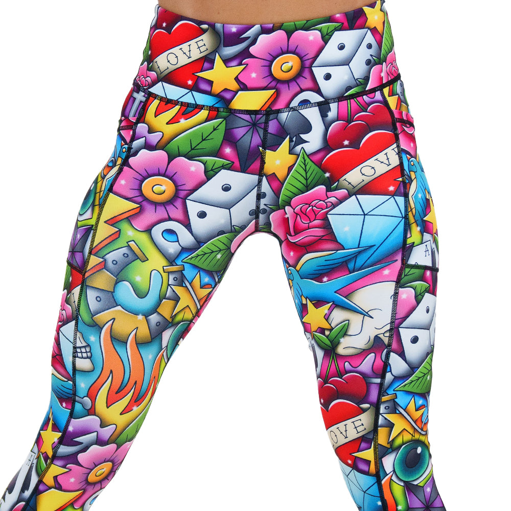 Tattoo Smash Leggings - High Waisted Yoga Pants for Women, Trendy Tattoo Print Workout Leggings - Perfect for Gym, Running, Yoga & Casual Wear