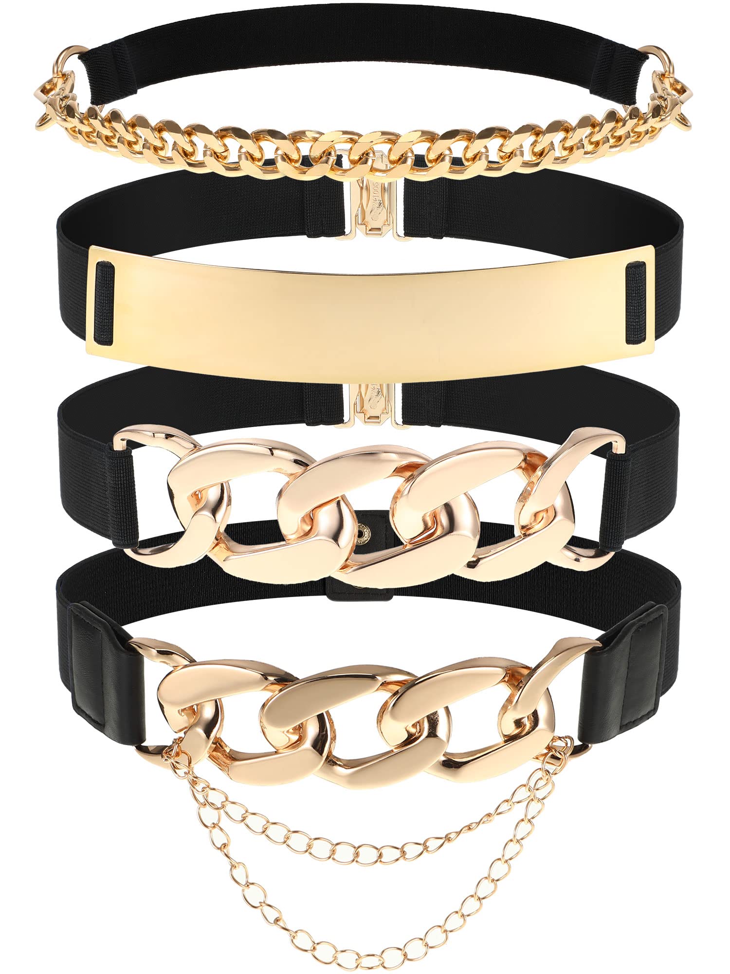 Zhanmai 4-Piece Women's Fashion Belt Set - Gold Metal Stretch Waist Belt, Skinny & Wide Chain Elastic Belts for Dresses, Jeans & Outfits | Perfect for Casual, Office & Party Wear